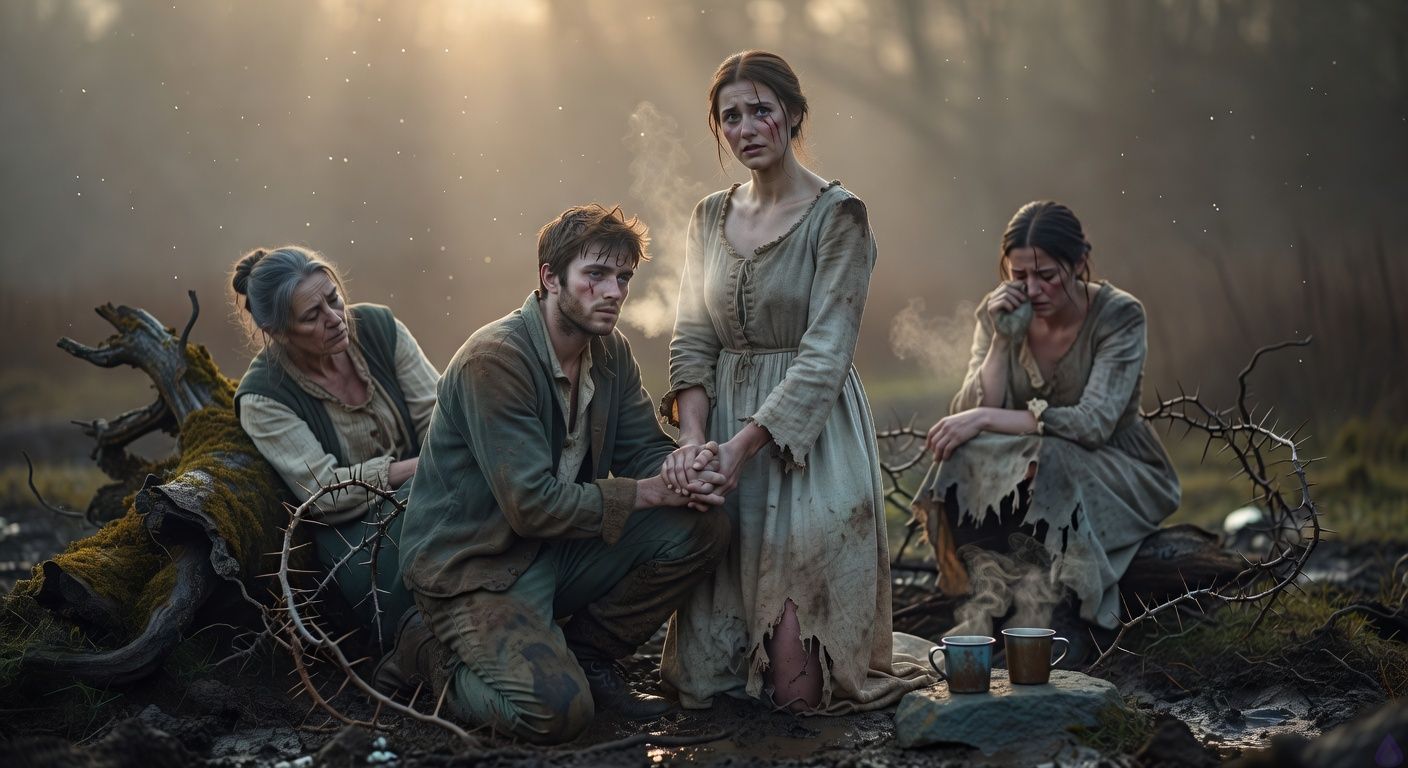 Cinematic dawn in misty Blackmoor Fens, protagonist Aedan kneeling in mud beside tall graceful Elena with scar across eye, their hands clasped tenderly, exhaustion and relief in their weary expressions, Mrs Hargrove slumped nearby with gray bun loosened, Louisa in tattered gown sobbing in background, thorn roots curling protectively around group, soft golden light piercing fog, romantic tension with sensual gaze between Aedan and Elena, intimate embrace in protective circle, moody atmosphere of victory and fatigue.