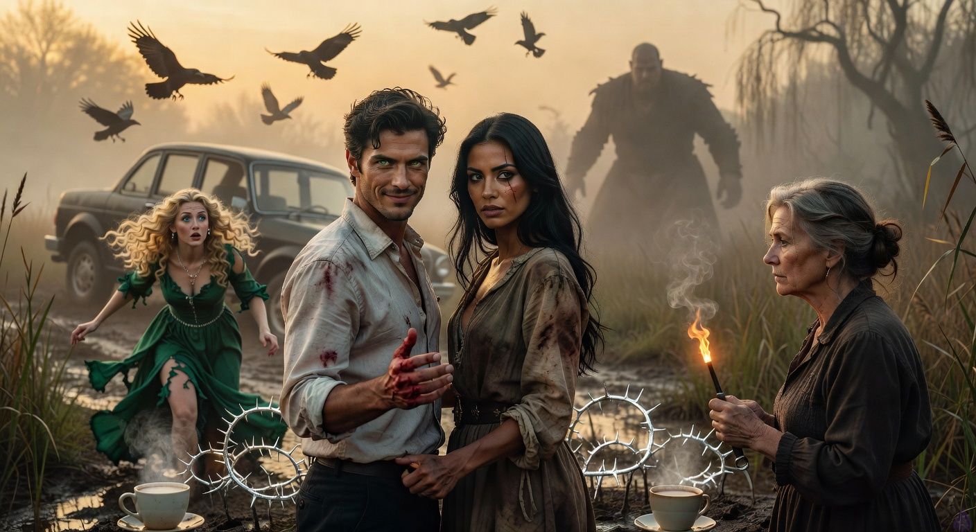 Cinematic dawn in misty Blackmoor Fens, protagonist Aedan Montague with tousled dark hair and bloodied palm stands resolute beside tall graceful Elena Vasquez with scar across her eye, their hands linked invoking glowing silver thorns erupting from bog mud, stern Mrs Hargrove with loosened gray bun wielding glowing poker, antagonist Lady Louisa Williams with wild blonde curls scrambling in panic from black coach as raven flock wheels overhead, Warrick's towering shadowed figure looms furious in background, atmosphere tense romantic defiance with ethereal magic glow, misty golden light filtering through twisted willows, intense emotional connection in characters' determined gazes and protective stances, filmic wide shot like gothic romance thriller.