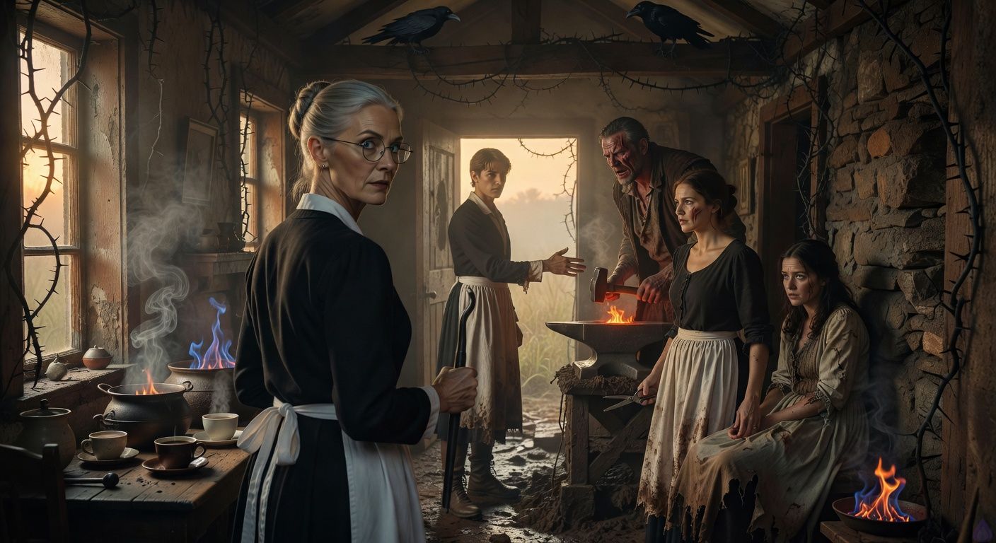 Cinematic dawn in a misty fen bolt-hole: protagonist Aedan stands firm in mud-choked doorway, hand extended empathetically toward towering antagonist Warrick at anvil, whose scarred face twists in raw pain under hammer glow; Elena grips shears tensely beside Aedan, scar illuminated; stern Mrs. Hargrove clutches poker; disheveled Lady Louisa cowers in background; blue cauldron flames flicker through smoke, thorny vines writhe, ravens perch ominous in rafters; moody tension, intimate confrontation, golden dawn light piercing fog, dramatic shadows, romantic undertones in protective stances.