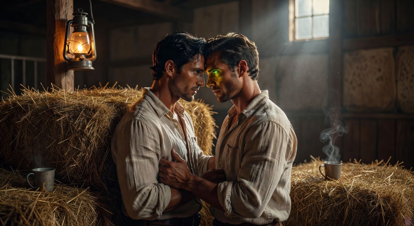 Cinematic close-up of two handsome rogues in a moonlit stable stall, one pinning the other against hay bales with intense passion, foreheads touching, shirts half-open revealing toned chests, green eyes locked in fiery gaze, shadows and lantern light casting dramatic contrasts, misty night air, romantic tension thick, bodies intertwined sensually, atmosphere of forbidden desire and rebellion, tasteful intimacy like a romance film still.