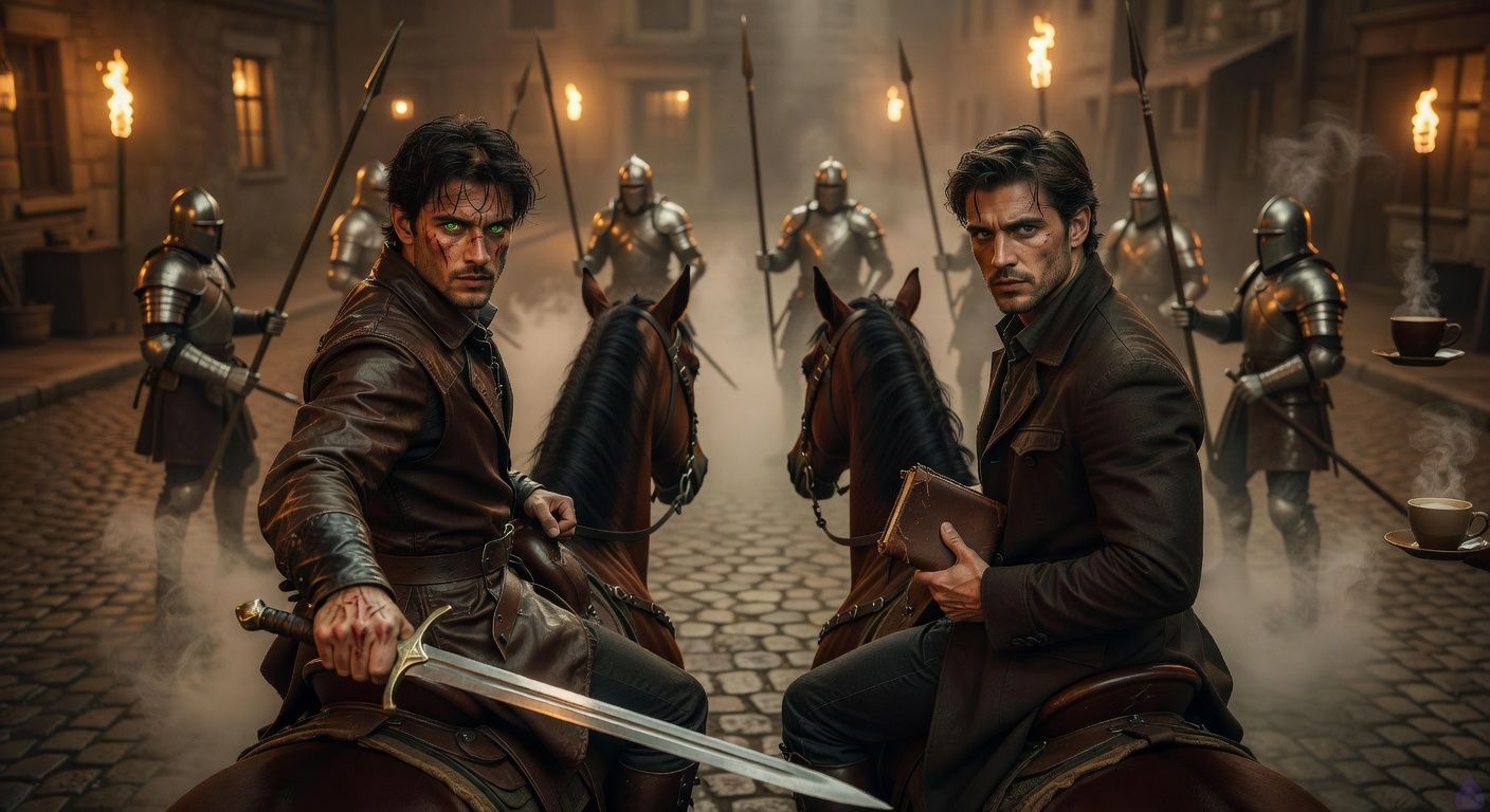 Cinematic night scene at foggy crossroads: two young roguish men on rearing horses, one with sharp green eyes and scarred hands gripping sword half-drawn, the other handsome with storm-gray gaze clutching a hidden ledger in pocket. Five armored guards with pikes block the path under torchlight, mist swirling, tension electric, dramatic shadows from lanterns, moody romantic alliance vibe with protective intensity, tasteful intimacy in shared defiant gaze, PG-13 adventure film style.
