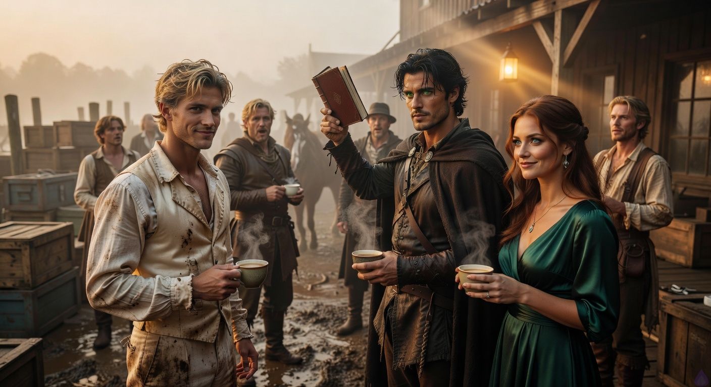 Cinematic dawn at foggy docks, protagonist Aedan Montague in disheveled wedding attire confronting King and Amanda Quinn in emerald silk amid crates and freed slaves, Arthur Quinn strong and leather-clad holding ledger triumphantly, King's brother arriving on horseback, dramatic tension with lantern light cutting through mist, mud-splashed chaos, expressions of shock and defiance, moody romantic intensity between Aedan and Arthur in background, tasteful embrace vibe, epic confrontation mood, PG-13.