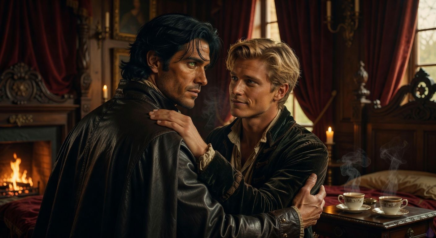 Cinematic close-up in a dimly lit opulent chamber at Quinn Manor: handsome rogue Aedan Montague, disheveled dark hair, intense gray eyes, leaning into the strong embrace of irreverent Arthur Quinn, broad-shouldered with green eyes and stubbled jaw, one hand on Aedan's shoulder, the other at his back, their faces close in intimate comfort, firelight casting warm golden glows and long shadows on velvet drapes and carved bedposts, mood of tender vulnerability and budding alliance, romantic tension in their locked gazes and subtle touch, Regency-era attire slightly rumpled, atmospheric haze of candle smoke, tasteful and sensual.