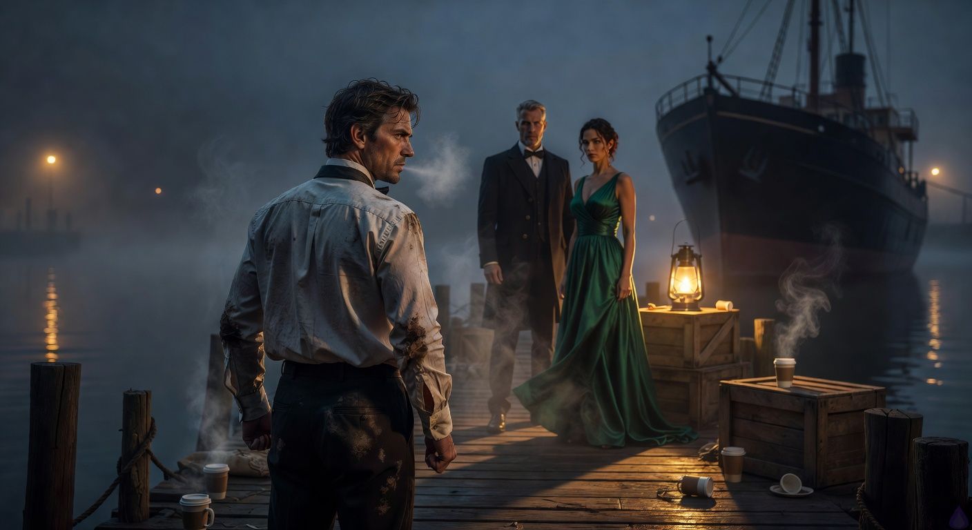 Cinematic midnight dock scene in foggy harbor, protagonist in disheveled wedding attire facing the King and Amanda in emerald silk gown, tension in body language with clenched fists and intense gazes, lantern light casting dramatic shadows on crates and black ship, misty atmosphere heavy with suspense and betrayal, romantic undertones in the protagonist's determined expression hinting at hidden passion, moody blue-gray tones with golden lantern glow.