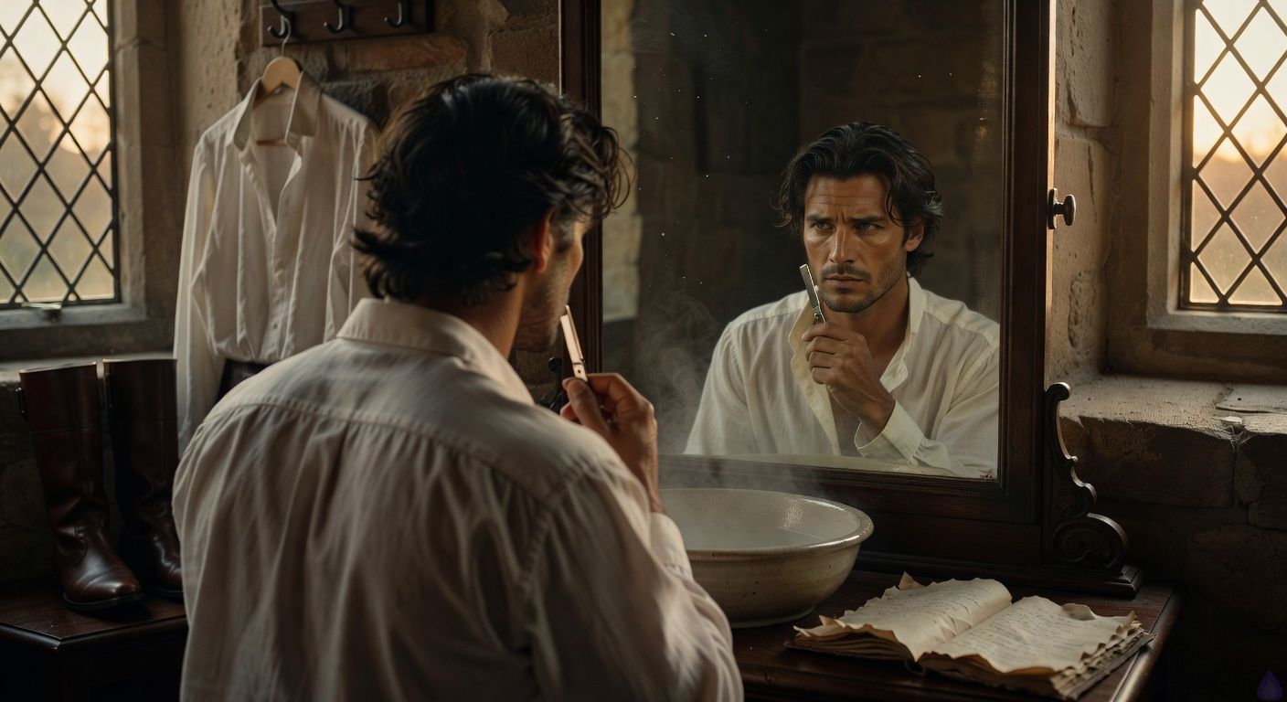 Cinematic close-up of a handsome rogue nobleman in a dimly lit chamber, preparing for a wedding, razor in hand shaving before a foggy mirror, dawn light filtering through leaded windows casting golden shafts on polished boots and starched linen shirt, intense storm-gray eyes reflecting determination and hidden rebellion, moody romantic tension with shadows playing on stubbled jaw and tousled dark hair, fogged basin and crumpled ledger nearby, intimate tasteful atmosphere like a historical romance film still, soft volumetric lighting, high detail, emotional depth.