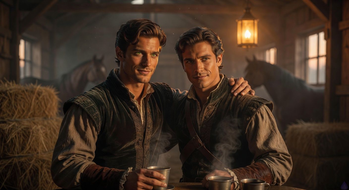 Cinematic twilight scene in a misty stable at dusk, two handsome young men in period noble attire stand close in warm lantern light, one with broad shoulders and green eyes smirking intently, the other handsome rogue with storm-gray eyes, tension and alliance in their body language, hay bales and horse silhouettes in background, romantic intensity with protective grip on shoulder, moody shadows and golden glow, tasteful intimate camaraderie like a historical romance film still.