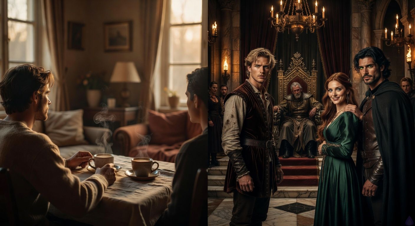 Cinematic close-up in a grand medieval throne room lit by flickering chandeliers and torchlight, casting dramatic shadows on marble floors and velvet-draped walls. Protagonist Aedan Montague, handsome rogue in wedding finery, stands tense before the King's dais, body language rigid with shock, eyes wide in realization. King slumps on ornate throne, sly hand on antagonist Amanda Quinn's shoulder; she smiles cunningly in emerald silk gown. Love interest Arthur Quinn lurks in shadowy crowd background, intense gaze locked on Aedan, protective and fierce. Mood of rising betrayal and tension, romantic undercurrent in Arthur's sensual stare, intimate framing like a romance film betrayal scene, high contrast lighting emphasizing emotional turmoil.