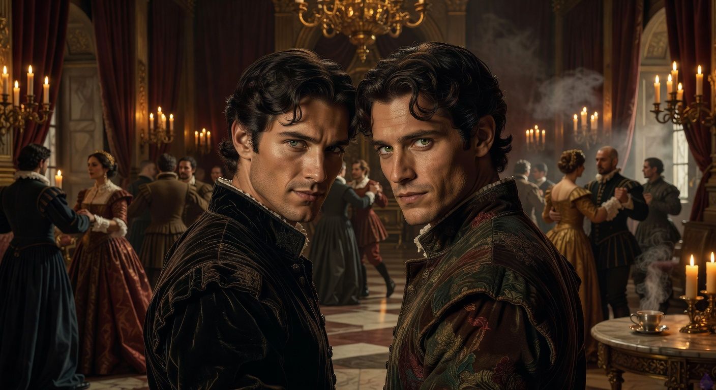 Cinematic close-up in a lavish Renaissance royal court hall at night, golden candlelight flickering on marble floors and velvet drapes, two young men in period noble attire sharing an intense, secretive glance amid swirling nobles, one handsome rogue with storm-gray eyes smirking subtly, the other strong and irreverent with piercing green eyes, atmosphere thick with tension and unspoken alliance, fog drifting from open doors, mood of rising conspiracy and romantic intrigue, intimate framing with dramatic shadows and warm highlights on faces.