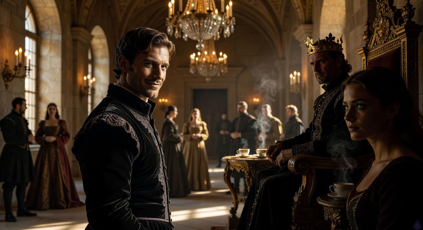 Cinematic close-up of a handsome rogue nobleman in wedding finery, silver embroidery on black velvet, standing before a stern king on a grand throne in a lavish Renaissance court hall. Chandeliers drip golden light, nobles in opulent gowns and doublets blur in the background. Protagonist's expression poised and charming with hidden tension, king's face stern under heavy crown, love interest's intense green-eyed gaze from the shadows. Mood of rising intrigue and restrained passion, dramatic chiaroscuro lighting casting long shadows, intimate focus on eyes and subtle smirk, tasteful romantic tension like a period drama climax.