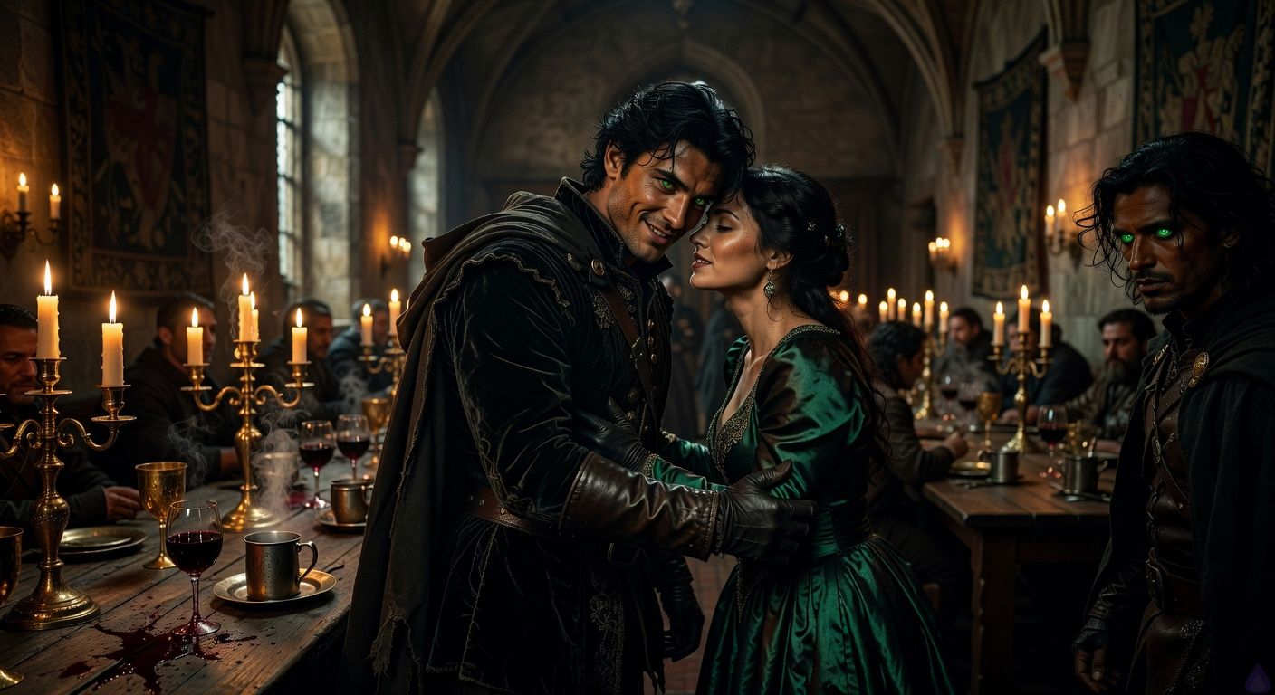 Cinematic close-up in a grand medieval feast hall at night, candlelight flickering on golden goblets and spilled wine, protagonist Aedan in elegant wedding attire leaning drunkenly toward cunning Duchess Amanda in emerald silk, her nails digging into his arm possessively, Arthur Quinn lurking in dramatic shadows at the edge of the frame with intense green eyes watching intently, atmosphere tense and charged with hidden secrets and romantic undercurrents, moody lighting with deep shadows and warm highlights, romantic film style like a period drama intrigue.