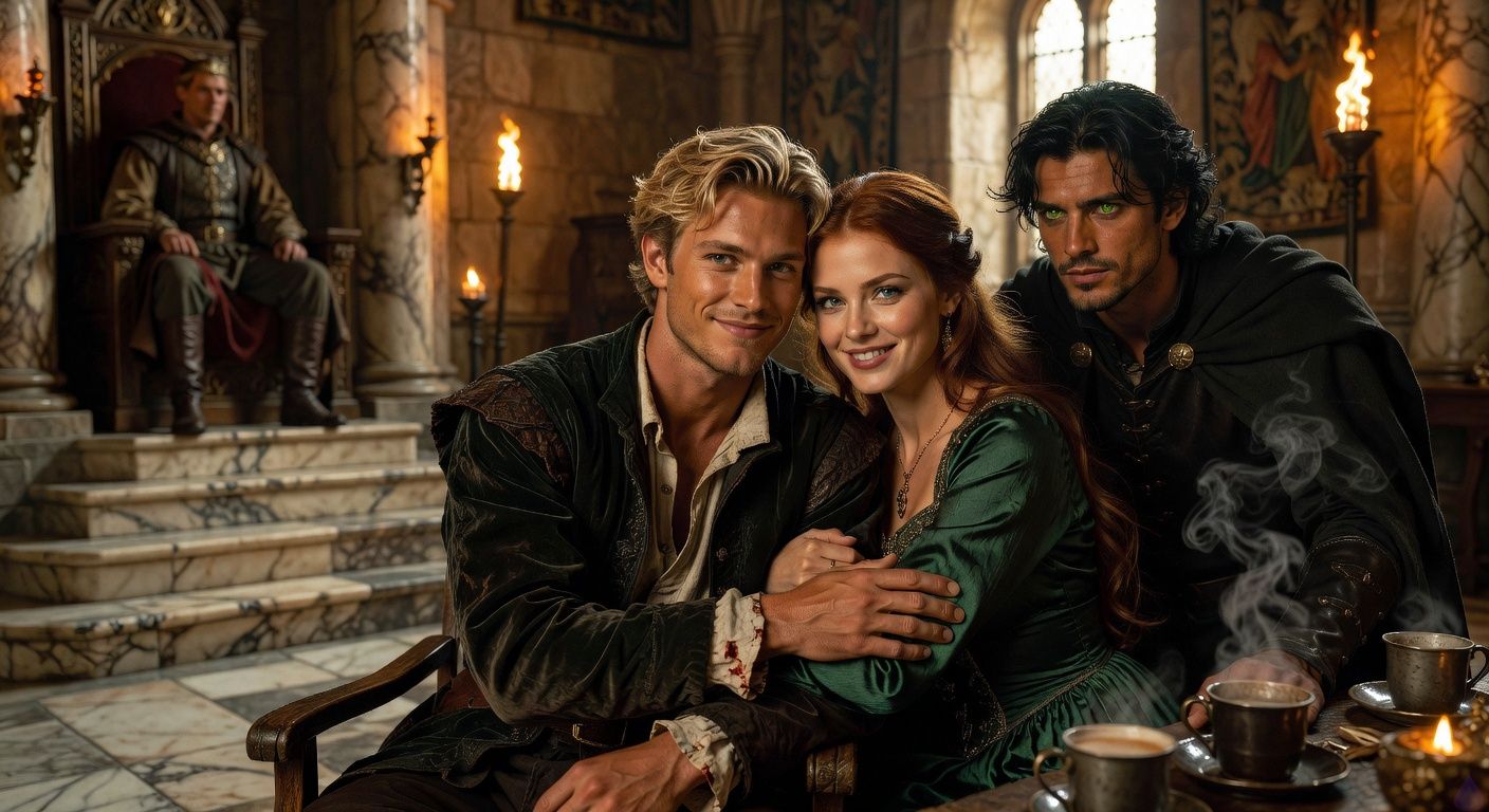 Cinematic close-up in a grand medieval throne room during a wedding feast: handsome rogue protagonist Aedan Montague, disheveled noble attire with wine-stained cuff, leans toward the aging King on his ornate dais, feigning eager interest with a sly charming smile, emerald-gowned antagonist Amanda Quinn clings possessively to his arm, her cunning smile sharp, love interest Arthur Quinn lurks in the torch-lit crowd shadows with intense green-eyed gaze, atmosphere tense and conspiratorial, warm golden torchlight contrasting cool marble shadows, dramatic low-angle framing emphasizing power dynamics and hidden intrigue, romantic tension in stolen glances.