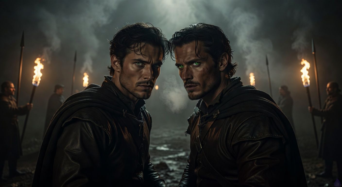 Cinematic close-up of two roguish men on horseback at a foggy midnight crossroads, one handsome with storm-gray eyes and tousled dark hair, the other strong and irreverent with sharp green eyes and stubbled jaw, locked in intense eye contact amid circling torchlight, guards with pikes parting in the mist-shrouded background, moody atmospheric lighting with dramatic shadows and golden lantern glow, romantic tension in their sensual gazes and close proximity, evoking a passionate forbidden alliance in a gothic romance film, intimate and tasteful.