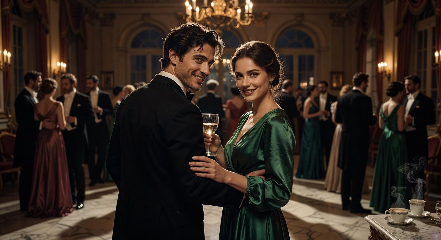 Cinematic scene in a lavish Victorian ballroom at night, golden chandelier light casting dramatic shadows on marble floors crowded with elegantly dressed nobles. In the foreground, a handsome young nobleman in tailored black tuxedo with tousled dark hair and a roguish smile holds a wine glass, leaning close to a cunningly beautiful woman in clinging emerald gown, her hand on his arm possessively. Tension builds in their intense eye contact, her sly smile contrasting his slightly dazed expression. Moody atmosphere with warm amber highlights and cool blue shadows, romantic intrigue vibe like a period drama film still, intimate framing on their faces and upper bodies.