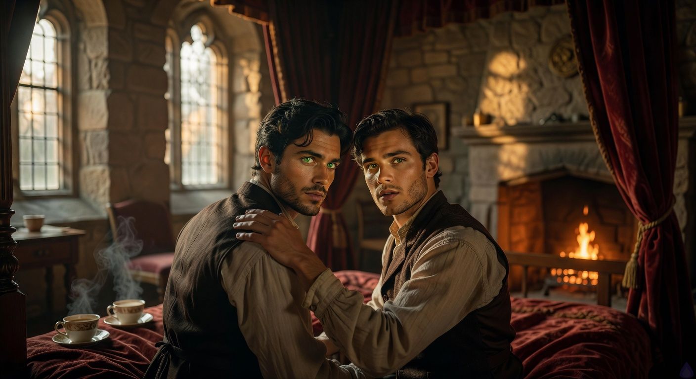 Intimate chamber in a gothic manor at dawn, two handsome young men on a four-poster bed's edge, one leaning close with intense green eyes and stubbled jaw, protective hand on the other's shoulder, firelight casting warm golden glows and long shadows on stone walls and velvet drapes, atmosphere thick with tension and budding trust, cinematic close-up framing their faces in soft romantic light, sensual gaze exchanged, moody and evocative like a period romance film still.