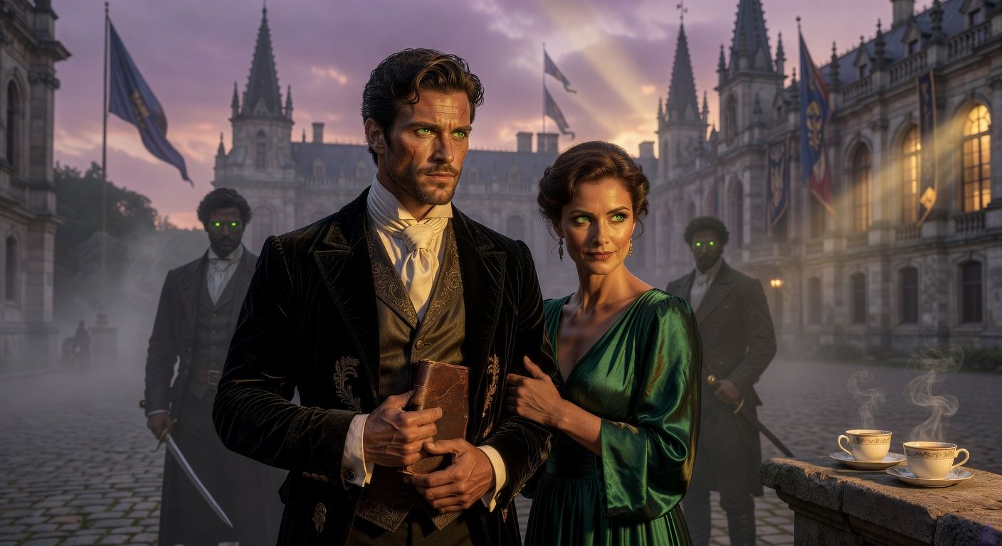 Cinematic close-up of a handsome rogue nobleman in wedding finery, standing tense in a grand foggy courtyard before a massive palace with towering spires and snapping banners, his hand subtly clutching a hidden ledger inside his waistcoat, green-eyed protector lurking in misty shadows nearby, cunning duchess in emerald silk clinging possessively to his arm, dawn light piercing purple skies with dramatic golden rays, mood of rising tension and forbidden alliance, intense gazes, body language coiled for revelation, romantic intrigue with protective intimacy, film noir romance style.
