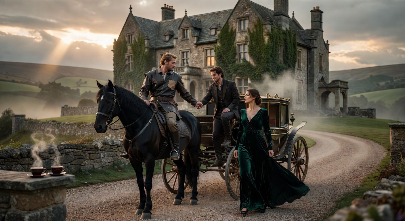 Cinematic wide shot of a noble carriage arriving at a grand Gothic manor on misty hills at dusk, golden light piercing gray clouds. A strong irreverent man in leather jerkin dismounts a black horse, offering a firm hand to a handsome rogue stepping from the carriage, their eyes locking in intense shared gaze. Sly woman in emerald gown sweeps ahead possessively. Moody atmosphere of tension and intrigue, romantic undercurrents in body language, soft fog and ivy-covered stone walls, dramatic lighting with long shadows.