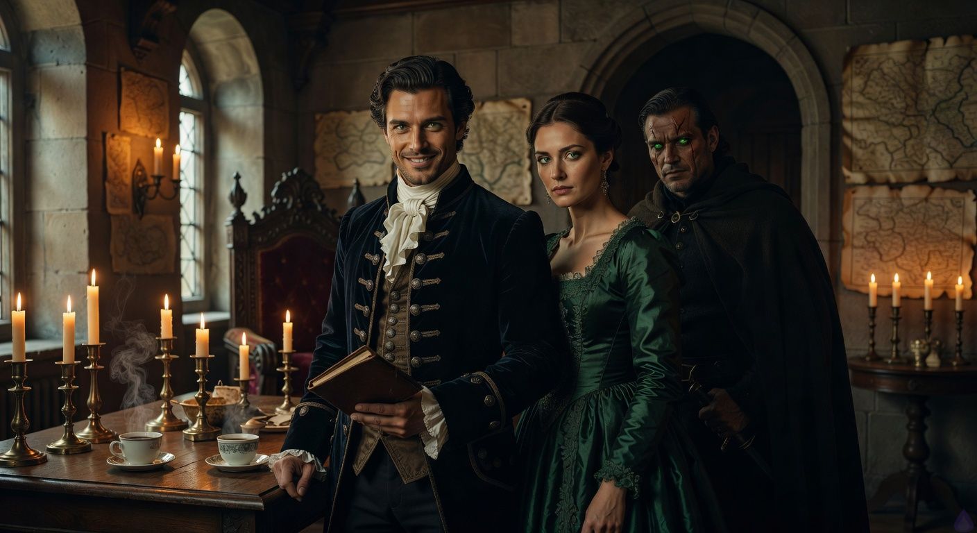 Cinematic close-up of a handsome rogue nobleman in 18th-century wedding attire, standing in a dimly lit royal antechamber with flickering candlelight casting dramatic shadows on ancient maps and a king's throne in the background. His expression is a mix of calculated charm and hidden tension, lips curved in a sly smile, eyes intense with secret resolve. Beside him, a cunning duchess in emerald silk clings possessively, her face half-shadowed with suspicion. A brooding protector figure lurks in the doorway shadows, muscular and scarred, green eyes piercing the gloom. Moody atmosphere of rising intrigue, warm golden candle glow contrasting cool blue shadows, intimate tension in body language, hands gripping a hidden ledger, romantic film style like a period drama climax.