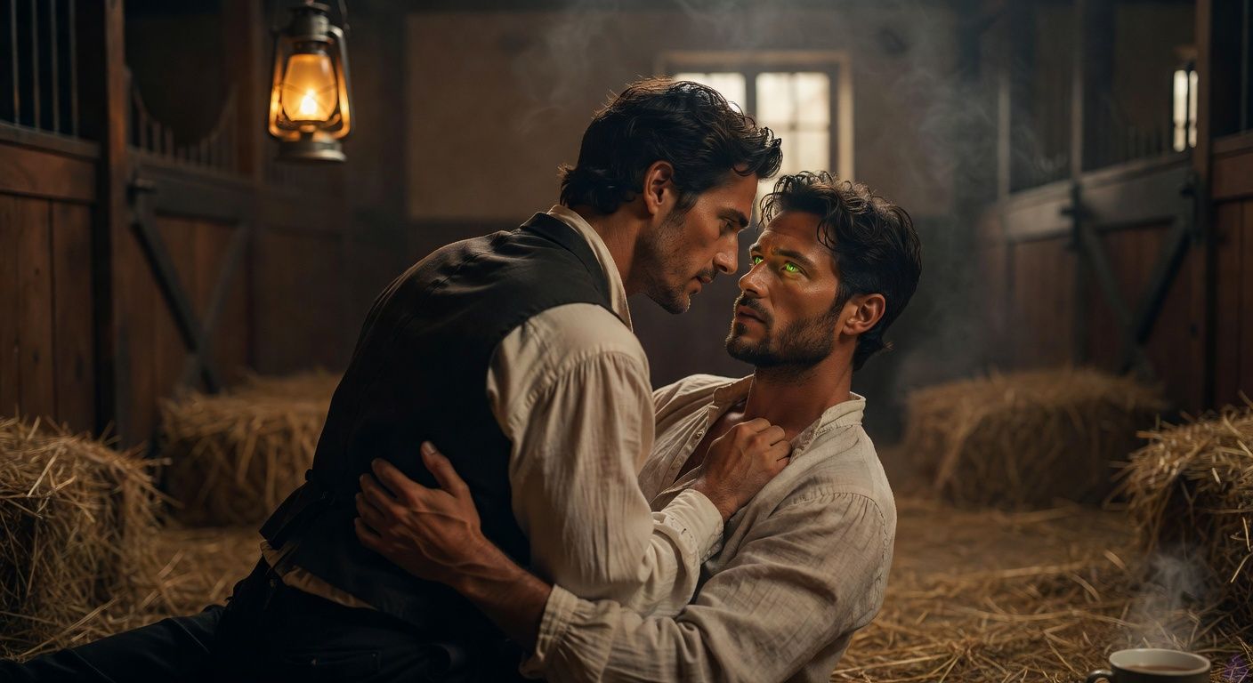 Cinematic close-up in a dimly lit stable at dusk: two handsome roguish men in period noble attire, one catching the other who slipped, their faces inches apart in a passionate kiss, intense green and gray eyes locked with fiery emotion, lantern light casting golden glows and dramatic shadows on stubbled jaws and tousled dark hair, hay-strewn floor and wooden stalls in soft focus background, misty night air swirling faintly, mood of intense romantic tension and forbidden desire, intimate embrace with hands gripping waist and shirt, tasteful sensual gaze, romantic film framing like a Regency drama.