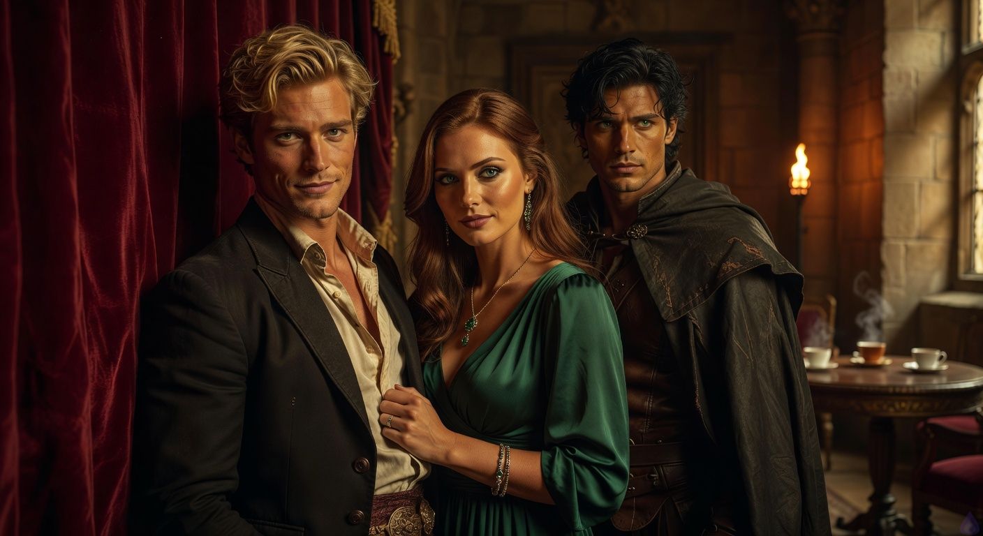 Cinematic close-up in a dimly lit royal antechamber during a tense wedding feast, protagonist Aedan Montague in elegant wedding attire leaning against a velvet-draped wall, handsome rogue face with storm-gray eyes and a sly smile, antagonist Amanda Quinn pressing close in emerald silk gown with possessive intensity, her kohl-rimmed eyes fierce and nails digging into his arm, love interest Arthur Quinn lurking in shadowy background with intense green gaze and scarred leather cloak, dramatic torchlight casting long shadows and golden highlights on tense body language, atmosphere of rising romantic tension and hidden conspiracy, intimate yet tasteful framing like a historical romance film.