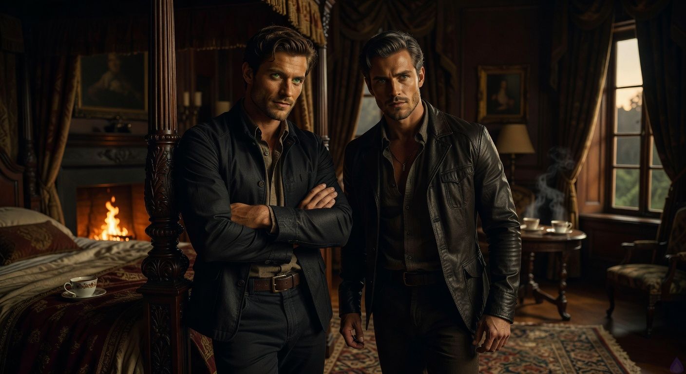 Cinematic close-up in a dimly lit opulent bedroom of an old manor at night, firelight casting warm flickering shadows on two handsome young men standing intensely close: one leaning against a carved four-poster bedpost with crossed arms and a roguish smirk, green eyes glinting protectively; the other pacing nearby with determined posture, gray eyes locked in alliance, subtle tension in their body language, shoulders nearly touching, atmosphere thick with secretive conspiracy and budding attraction, moody golden highlights on stubbled jaws and leather-clad arms, velvet drapes and ornate rugs in background, romantic intrigue vibe like a period drama.