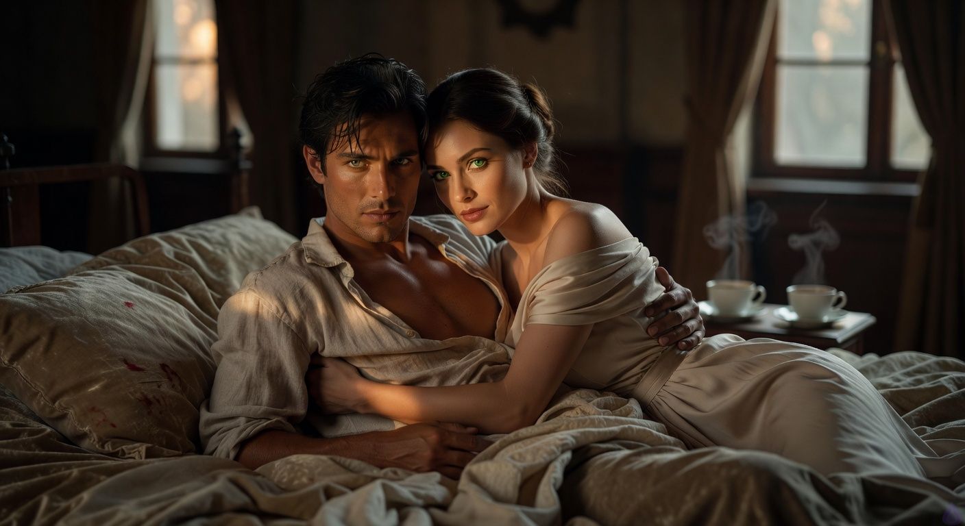 Cinematic close-up in a dimly lit bridal chamber at dawn, a handsome rogue nobleman with disheveled dark hair and storm-gray eyes lies on rumpled velvet bed sheets stained with faint red, his expression a mix of revulsion and hidden resolve, body partially draped in tangled linens, firelight casting dramatic shadows on his toned form, an elegant but cunning duchess with pale skin and emerald eyes clings possessively to him in post-intimacy embrace, her silk gown pooled on the floor, atmosphere heavy with tension and unspoken betrayal, intimate yet tasteful romantic film framing with warm ember glow and cool gray dawn light filtering through arched windows, sensual gaze between them laced with conflict.