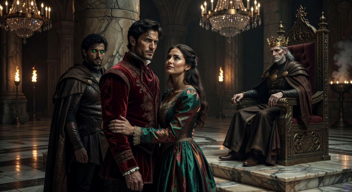 Cinematic close-up in a grand medieval throne room lit by flickering torchlight and crystal chandeliers casting dramatic shadows on marble floors. Protagonist Aedan, handsome rogue in tailored wedding finery, stands tense beside cunning Duchess Amanda in emerald silk gown, her hand possessively on his arm. King on ornate dais, sallow-faced with tilted crown, drums fingers on armrest, eyes sly and calculating. Love interest Arthur lurks in shadowy background, intense green eyes watching intently, leather cloak blending into gloom. Mood of rising tension, betrayal looming, romantic undercurrents in Aedan's subtle glance toward Arthur; intimate framing with sensual gazes and poised body language, rich textures of velvet, gold, and silk.