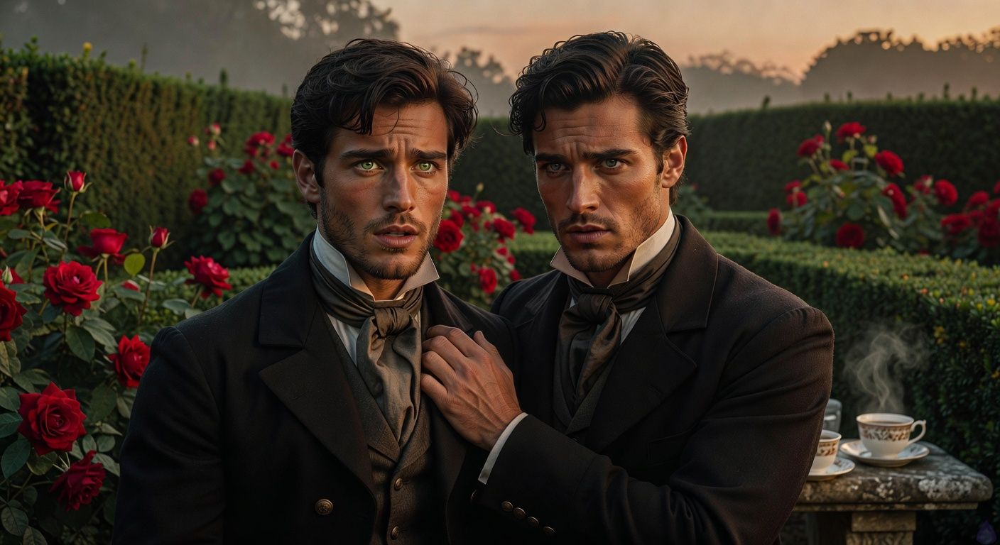 Cinematic close-up in a misty English manor garden at dusk: two handsome young men in period noble attire, one shivering slightly with revulsion while the other grips his shoulder protectively, their faces inches apart in intense emotional intimacy, green eyes locked with storm-gray, soft golden sunlight filtering through boxwood hedges and crimson roses, atmosphere tense with budding romance and shared rebellion, moody lighting casting dramatic shadows on stubbled jaws and tousled dark hair, sensual gaze and subtle hand on nape suggesting unspoken comfort and alliance, tasteful romantic tension like a Regency film still.