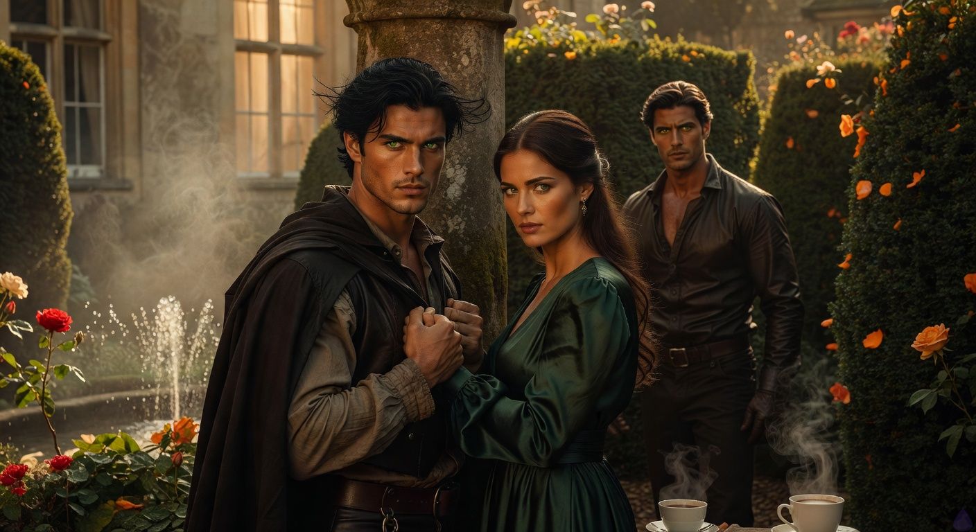 Cinematic close-up in a misty English manor garden at midday: handsome rogue protagonist Aedan pressed against a mossy stone pillar by cunning Duchess Amanda in emerald silk gown, her hands clawing his open shirt passionately, intense kiss with possessive tension; in background, protective Arthur Quinn lurks half-hidden among dark yew hedges, muscular frame in leather, green eyes piercing with jealous intrigue and protective fire; moody golden sunlight filters through leaves, dew on roses, fountain mist swirling, romantic betrayal atmosphere, tasteful sensual embrace like a period drama still, high contrast shadows emphasizing emotional undercurrents of desire and danger.