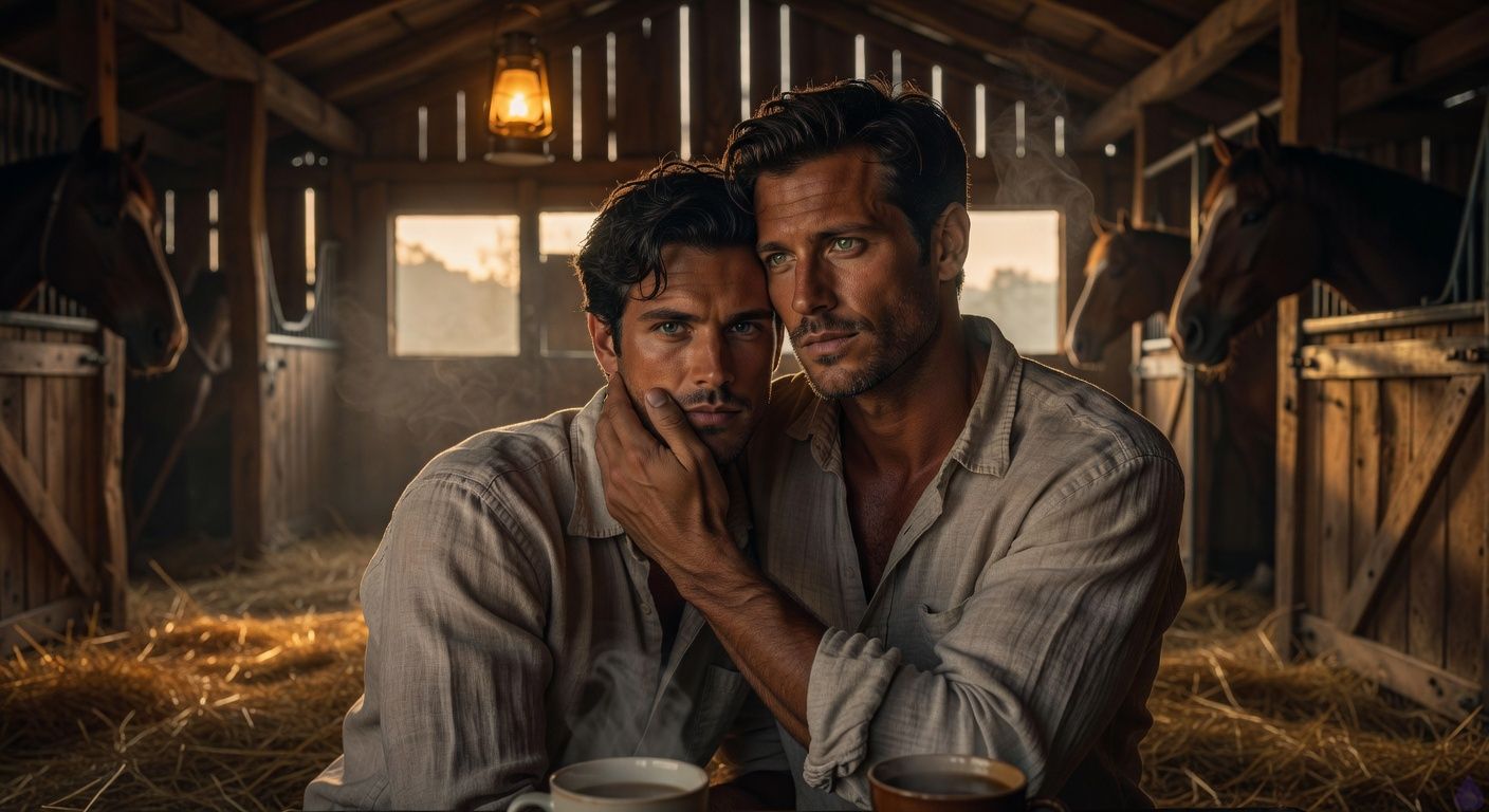 Cinematic close-up in a dimly lit stable at dawn: two handsome men sharing a tender embrace after passion, one with tousled dark hair and storm-gray eyes leaning into the other's broad chest, the second with sharp green eyes and stubble gazing down protectively. Soft golden lantern light filters through wooden slats, casting warm glows and long shadows on hay-strewn floor, misty dawn haze outside. Intimate eye contact, gentle hand on cheek, foreheads touching, atmosphere of quiet vulnerability and unspoken vow amid rustic horse stalls with subtle steam from horse breath. Romantic, sensual tension, PG-13 tasteful framing like a historical romance film.