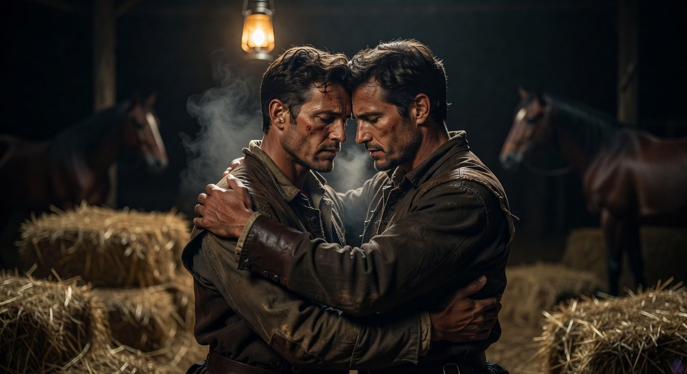 Cinematic close-up in a dimly lit stable at night, lantern light casting warm golden glow on two handsome men locked in an intimate embrace, one with strong protective arms around the other, foreheads touching tenderly, expressions of comfort and shared resolve amid tension, shadows playing on rugged features and leather attire, hay bales and horse silhouettes in soft focus background, moody romantic atmosphere with subtle emotional depth, mist from breath in cool air, tasteful intimacy like a historical romance film still.