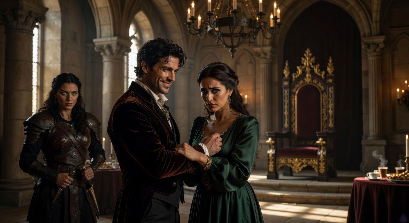 Cinematic close-up in a grand medieval throne room during a wedding feast: handsome young rogue noble in fitted wedding attire with disheveled hair, smiling reassuringly while gently disentangling his arm from a cunning duchess in emerald silk gown, her kohl-lined eyes narrowed suspiciously; his love interest, a strong irreverent warrior in scarred leather, lurks in the background shadows with intense green-eyed gaze; empty royal throne looms dramatically behind, lit by flickering chandelier light casting long dramatic shadows and warm golden highlights on tense faces and ornate architecture, atmosphere thick with romantic tension, betrayal, and rising intrigue, intimate romantic film framing with subtle passion in body language.