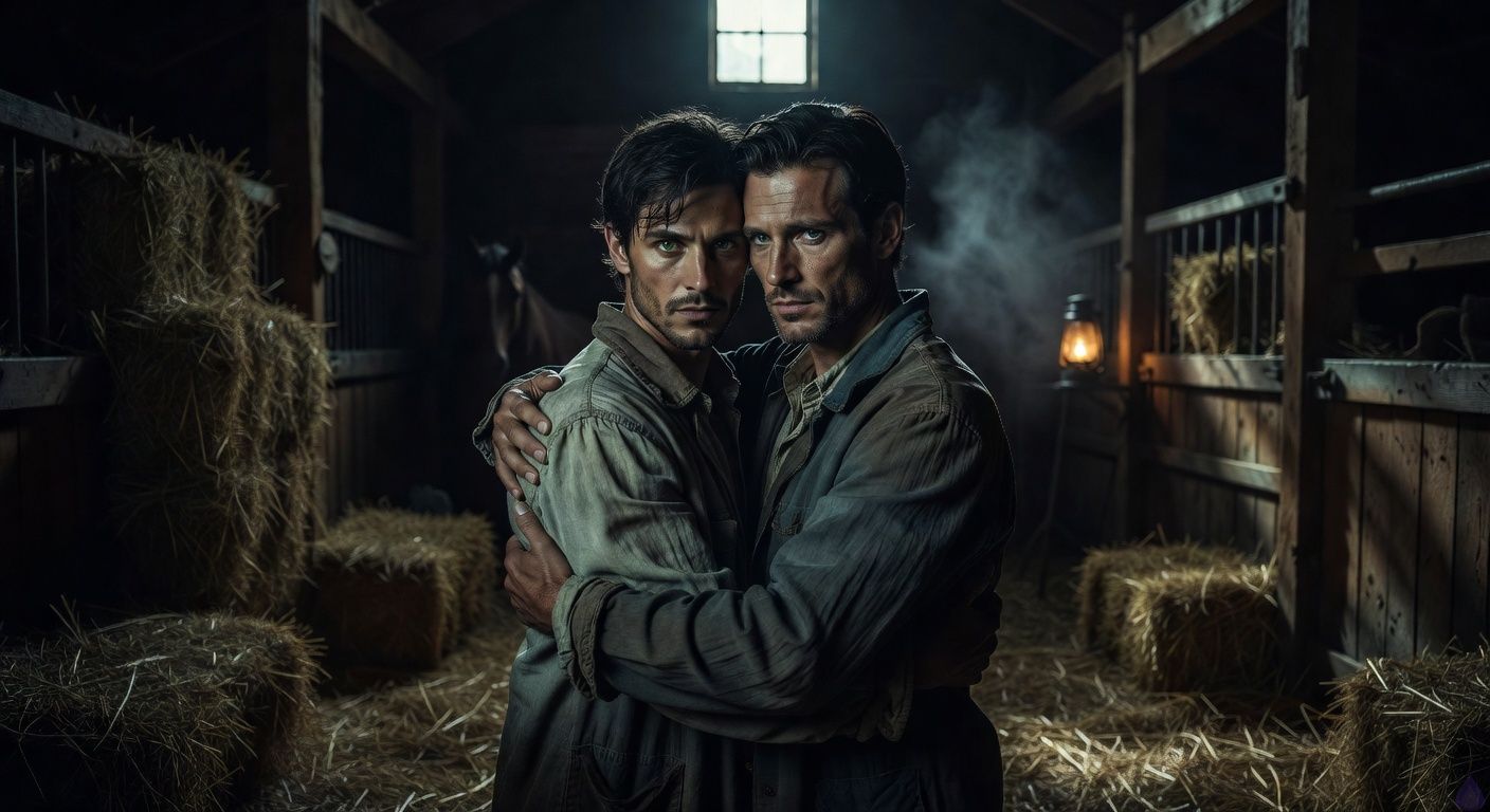 Cinematic close-up in a dimly lit horse stable at dawn, two handsome men in passionate embrace inside a shadowed stall, hay bales and wooden slats framing their intertwined forms, one with tousled dark hair and intense green eyes pressing against the other with stormy gray eyes, moonlight and lantern glow casting dramatic shadows on sweat-glistened skin and rumpled clothing, atmosphere thick with tension and desire, romantic intensity like a forbidden lovers' moment in a gothic romance film, tasteful intimacy with sensual gazes and strong protective hold, mist swirling in the background.