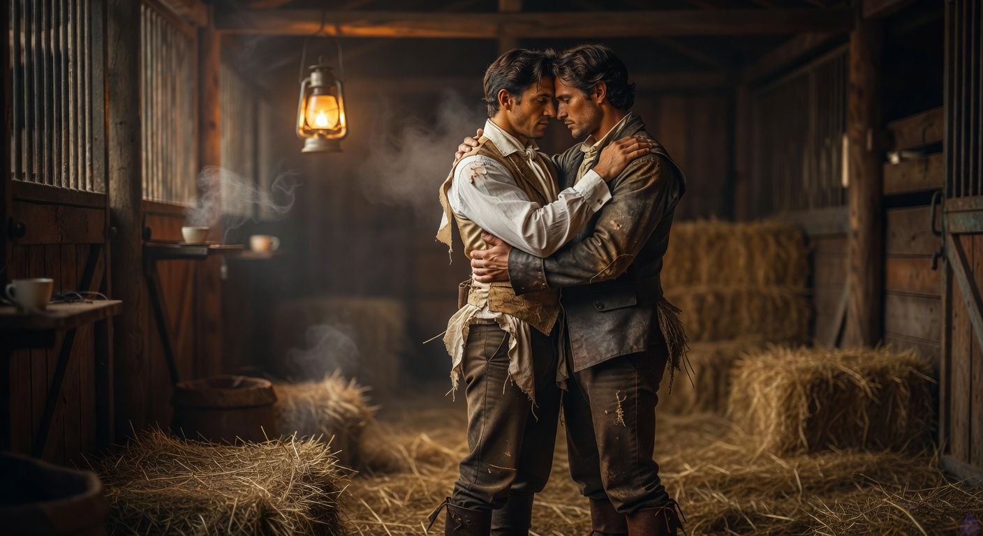 Cinematic close-up in a dimly lit stable at night, two handsome men in period attire embracing intimately: one in disheveled wedding finery, the other in rugged leather, strong arms wrapped protectively around, foreheads touching with sensual gaze, lantern light casting warm golden glow on their faces and hay-strewn floor, mist seeping through slats, atmosphere of tender passion and defiant resolve, romantic tension like a forbidden vow in shadows, tasteful and evocative.