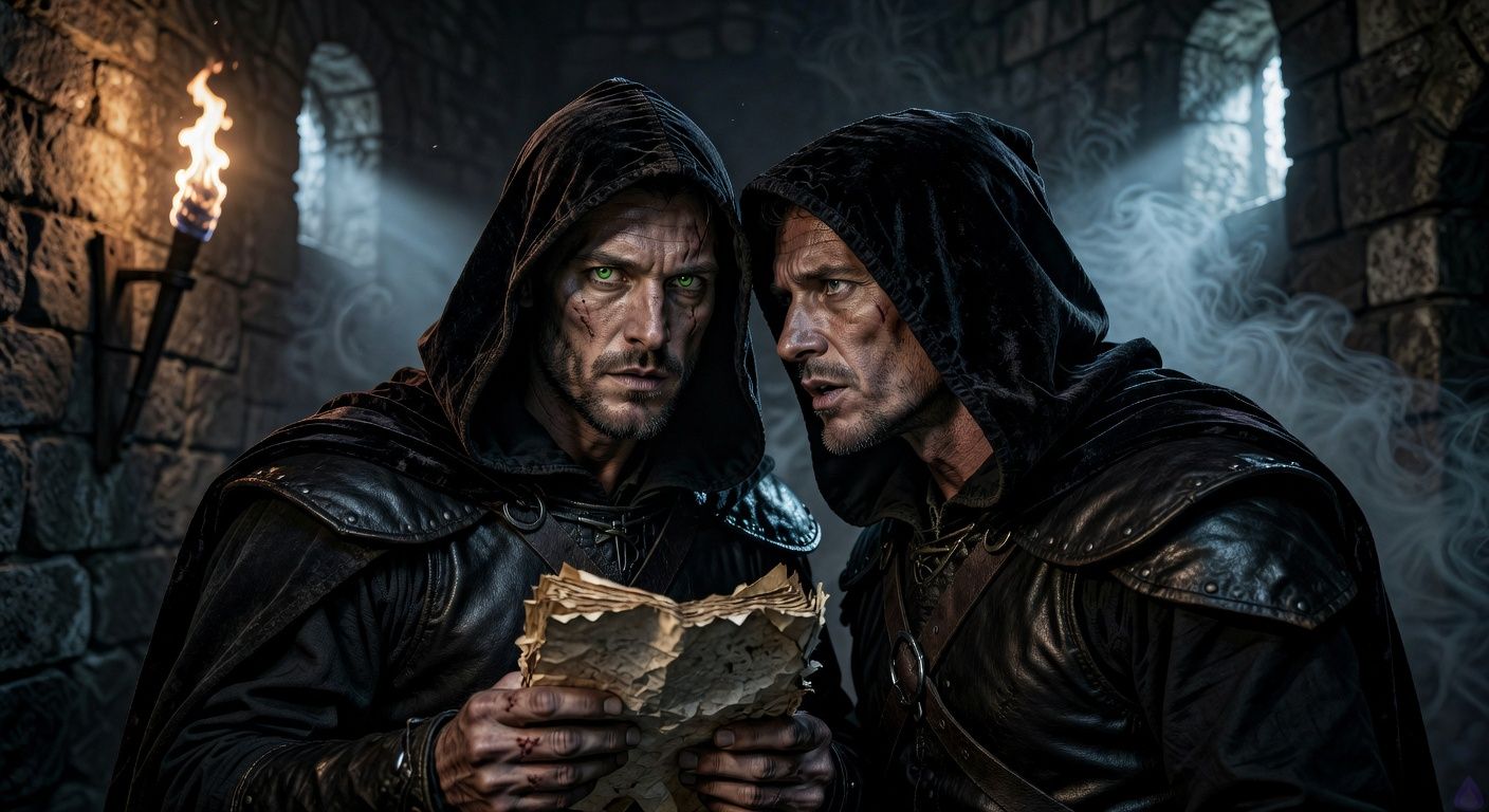 Cinematic close-up in a dimly lit medieval castle alcove at night: two handsome roguish men, one with sharp green eyes and scarred hands holding a crumpled ledger, the other with storm-gray eyes whispering urgently, their faces inches apart in tense intimacy, shadows from flickering torchlight carving dramatic contrasts on their stubbled jaws and leather-clad shoulders, atmosphere thick with conspiracy and unspoken passion, fog seeping through arrow slits, rich textures of stone walls and velvet cloaks, moody lighting with warm orange glow against cool blue mist, intense emotional undercurrent of alliance and desire.
