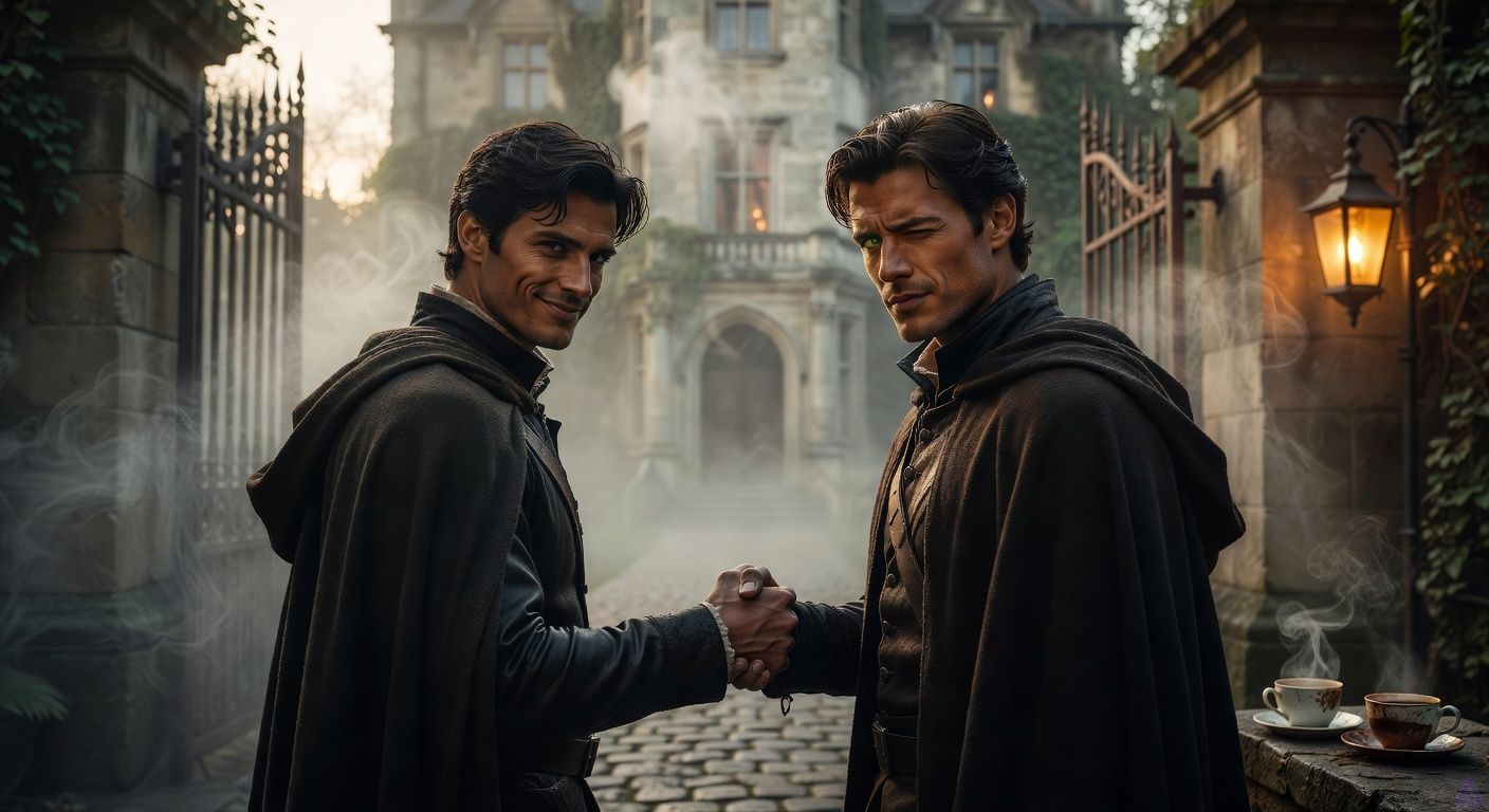 Cinematic close-up of two young noblemen gripping hands firmly at the entrance of a gothic manor in misty dawn light, one handsome rogue with tousled dark hair and challenging smirk, the other strong irreverent with sharp green eyes and subtle wink, tension electric in their locked gazes, fog swirling around iron gates and ivy-clad towers, romantic intrigue mood with warm lantern glow contrasting cool blues, body language intense and protective, shoulders squared, intimate masculine connection, film noir romance style.