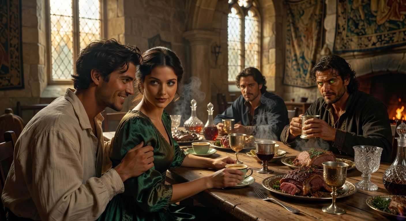 Cinematic close-up in a grand medieval dining hall, golden sunlight streaming through tall leaded windows onto a long oak table laden with roast meats, silverware, and crystal goblets. A handsome young nobleman with tousled dark hair and a roguish smile leans toward a cunning duchess in emerald silk, his fingers lightly brushing her wrist in subtle affection, her eyes gleaming possessively. Across the table, a strong irreverent rogue with scarred hands and intense green eyes watches with a knowing smirk, tension crackling in the air. Moody lighting with warm fire glow and dramatic shadows, romantic intrigue and building alliance, intimate framing like a period drama film.