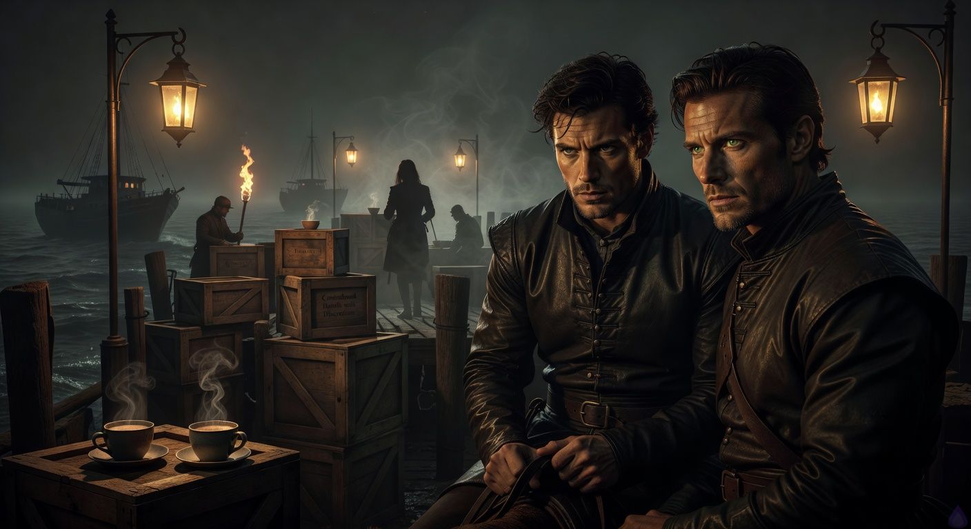 Cinematic night scene at foggy docks, two rogue noblemen on horseback hidden in shadows, watching sinister crates loaded onto ghostly ships under torchlight. Protagonist Aedan, handsome with tousled dark hair and intense gray eyes, leans forward tense, beside strong Arthur with sharp green eyes and stubbled jaw, their shoulders close in intimate alliance. Mood tense conspiracy, mist swirling, waves lapping dark pilings, Amanda's silhouette commanding workers afar. Romantic tension in their shared gaze, dramatic low-angle lighting from swaying lanterns casting golden glows on leather-clad forms, atmospheric romance film style.