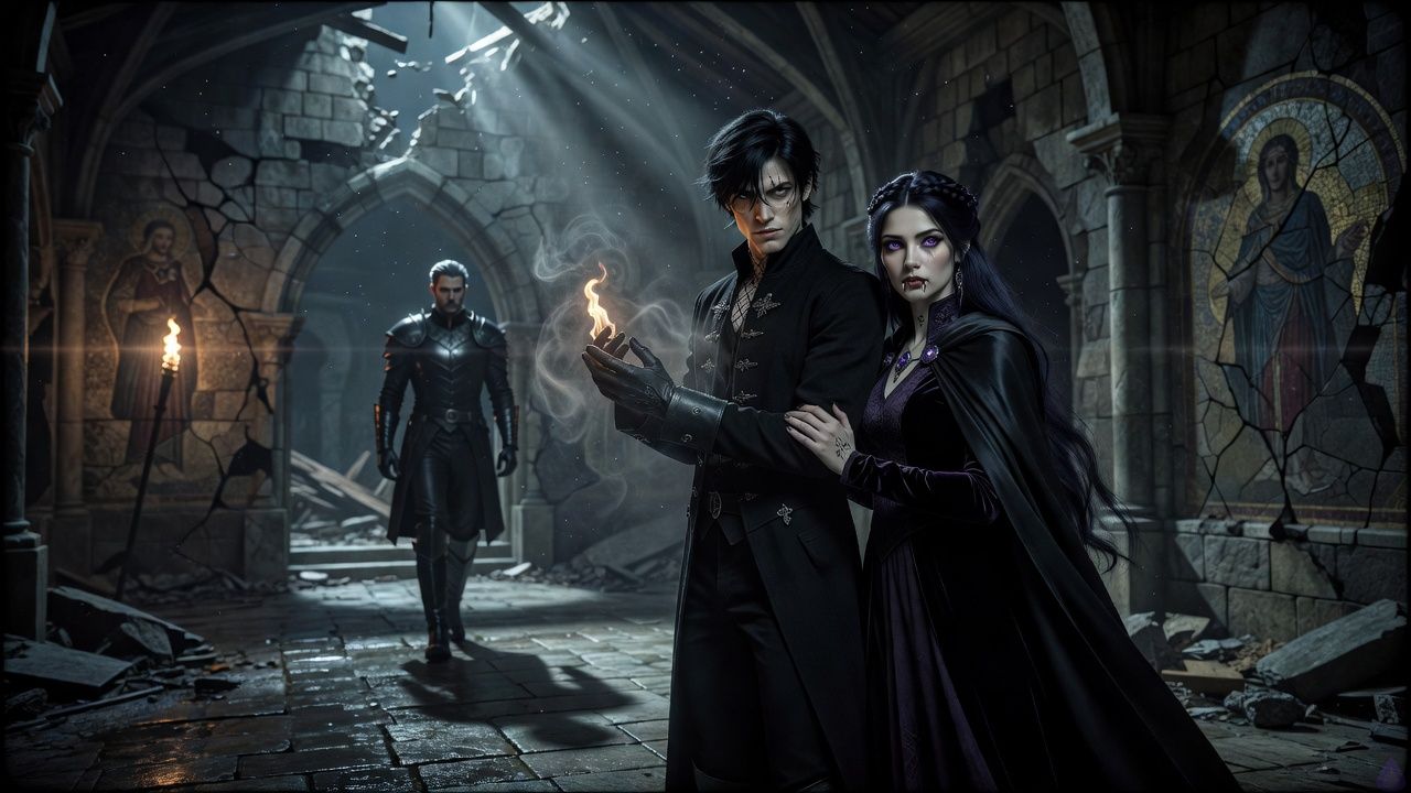 Moonthorn Keep hall at night, ruined gothic fantasy interior with shattered roof, moonlight shafts, cracked saint mosaics, wet stone and drifting dust. Adrian de Lioncourte stands in the foreground in a fitted black riding coat with silver filigree clasp, dark gloves, lean athletic build, midnight black tousled hair, storm gray eyes, one hand lifted as he weaves a subtle ward in the dark. Beside him stands Lady Seraphaine Veyl on the fallen dais, slender and elegant in a deep plum velvet gown and black silk cloak with a moonstone brooch, raven black braided crown hairstyle, amethyst eyes, cool porcelain skin, tense but composed, her hand lightly gripping Adrian’s sleeve. At the broken archway, High Warden Othric Marn pauses in polished black armor and charcoal robe, rigid broad-shouldered posture, iron gray slicked-back hair, pale steel blue eyes, thorned silver pauldron catching moonlight. The mood is tense, intimate, and dangerous, with Seraphaine and Adrian sharing a close protective stance while Othric is drawn into the warded darkness.