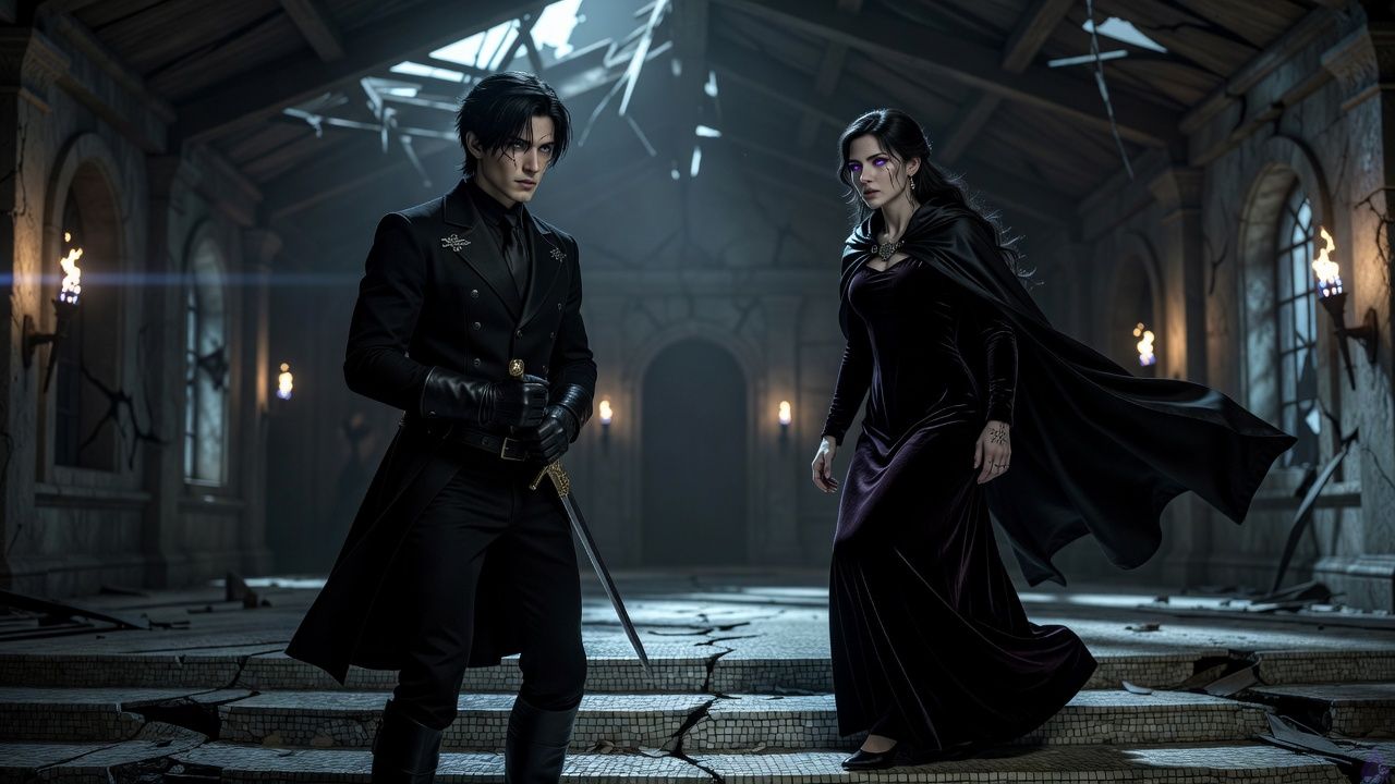 A ruined medieval fantasy hall inside Moonthorn Keep at night, moonlight streaming through a broken roof and jagged windows, rain and mist visible in the cold air. Adrian de Lioncourte stands in the foreground in a fitted black riding coat with silver filigree clasp, dark gloves, tousled midnight black hair, storm gray eyes, a guarded expression, and faint rune-burns on his hands. Lady Seraphaine Veyl stands beside a fallen stone dais in a deep plum velvet gown with a high embroidered collar and black silk cloak fastened with a moonstone brooch, raven black braided crown with loose lengths, amethyst eyes, porcelain skin, and a sigil-shaped birthmark at her throat. Her posture is elegant but tense, one hand slightly lifted as if ready to cast or defend. The hall is lined with cracked mosaics, broken pillars, and blue-guttering torches. Mood is suspenseful and intimate, with a sense of wary trust forming as distant iron footsteps approach from the shadows. Cinematic fantasy lighting, realistic detail, soft silver highlights, emotional tension, no explicit nudity.