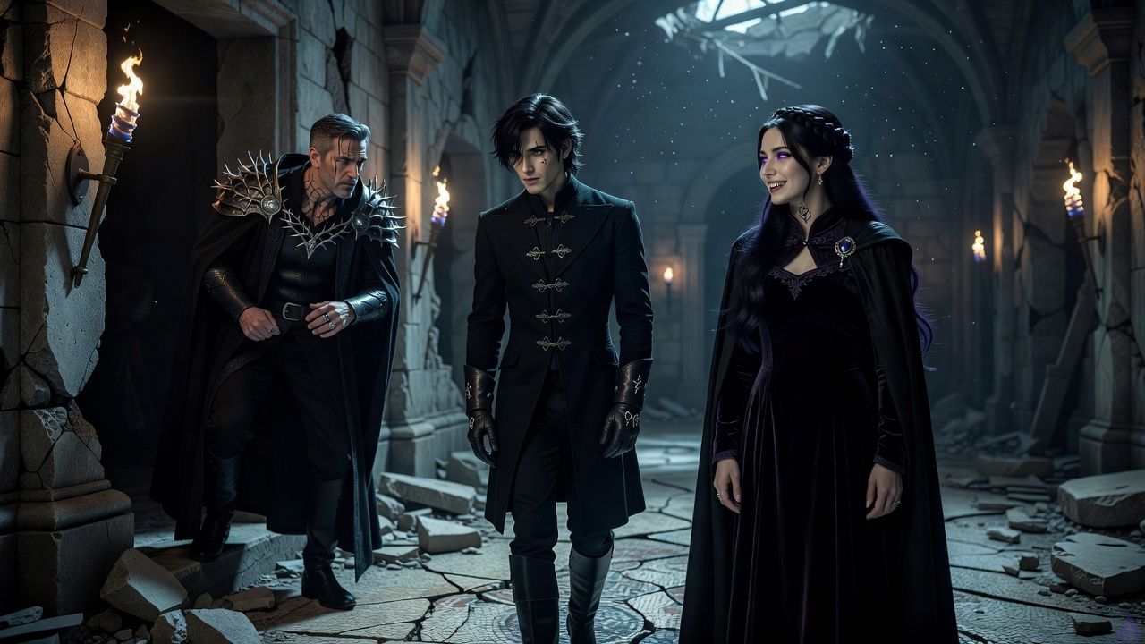 Inside the ruined hall of Moonthorn Keep at night, Adrian de Lioncourte stands with a slight, courtly bow just completed, his midnight black hair tousled, storm gray eyes guarded, fitted black riding coat and dark gloves catching faint moonlight. Beside him, Lady Seraphaine Veyl stands poised and tense in a deep plum velvet gown with a black silk cloak and moonstone brooch, raven braided hair with loose lengths framing her porcelain face, amethyst eyes fixed on the intruder. At the broken threshold, High Warden Othric Marn watches with cold steel-blue eyes, broad-shouldered in a charcoal robe under black armor and a thorned silver pauldron, his expression tightening with irritated suspicion. The hall is filled with cracked mosaics, fallen stone, blue-guttered torches, drifting dust, and silver moonlight through a shattered roof, creating a tense, intimate standoff charged with hidden wardcraft and dangerous trust.