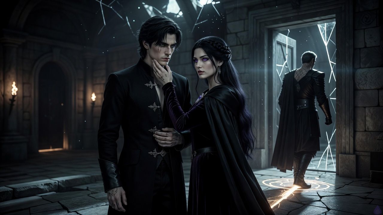 Moonthorn Keep interior, ruined moonlit hall with broken roof, cracked mosaic floor, drifting dust, and cold rainlight. Adrian de Lioncourte, in a fitted black riding coat with silver filigree clasp and dark gloves, stands beside a glowing ward trapped in the stone floor, his posture calm but strained. Lady Seraphaine Veyl, in a deep plum velvet gown with a black silk cloak and moonstone brooch, stands close at his side with wary relief, one hand touching his jaw with intimate tenderness. At the threshold, High Warden Othric Marn in charcoal robe and black armor with thorned silver pauldron turns away in bitter retreat, pale steel eyes narrowed. Mood is tense but resolved, with quiet victory, trust, and romantic closeness under silver moonlight and blue wardglow, cinematic fantasy realism, detailed stone textures, emotional body language.