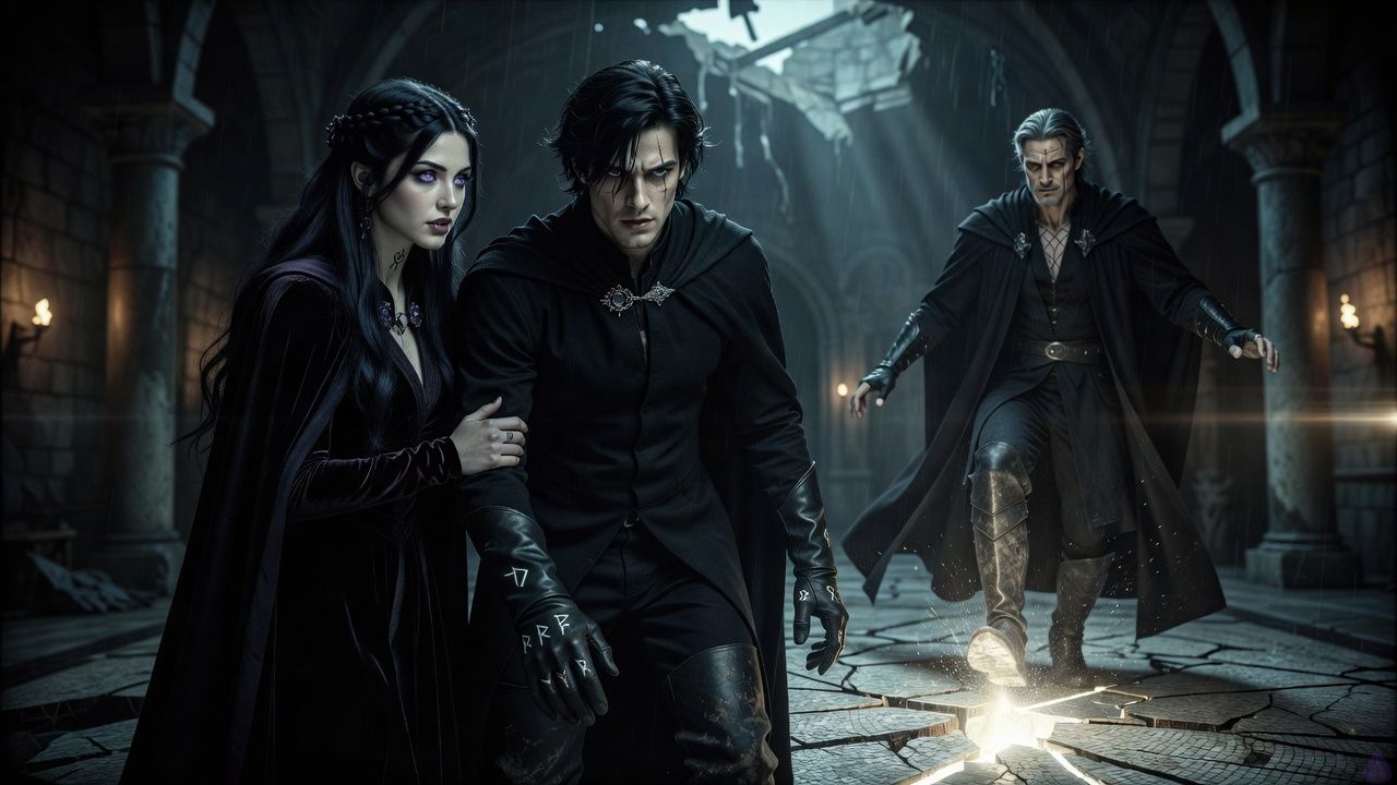 Moonthorn Keep ruined hall at night, moonlight streaming through a shattered roof onto cracked mosaic tiles and fallen stone. Adrian de Lioncourte stands in a guarded black riding coat with gloved rune-burned hands lowered toward the floor, mid-wardcraft, focused and tense. Lady Seraphaine Veyl stands close beside him in a deep plum velvet gown with a black silk cloak and moonstone brooch, her hand lightly touching his sleeve, expression wary but trusting. At the far side of the hall, High Warden Othric Marn in charcoal robes and black armor has just stumbled slightly as a hidden magical trap catches his step, his pale eyes hard with irritation. Blue-white wardlight glows faintly through a hairline seam in the floor. The scene is moody, tense, intimate, and magical, with cool silver lighting, drifting rain mist, and a sense of hidden danger in the ancient ruin.