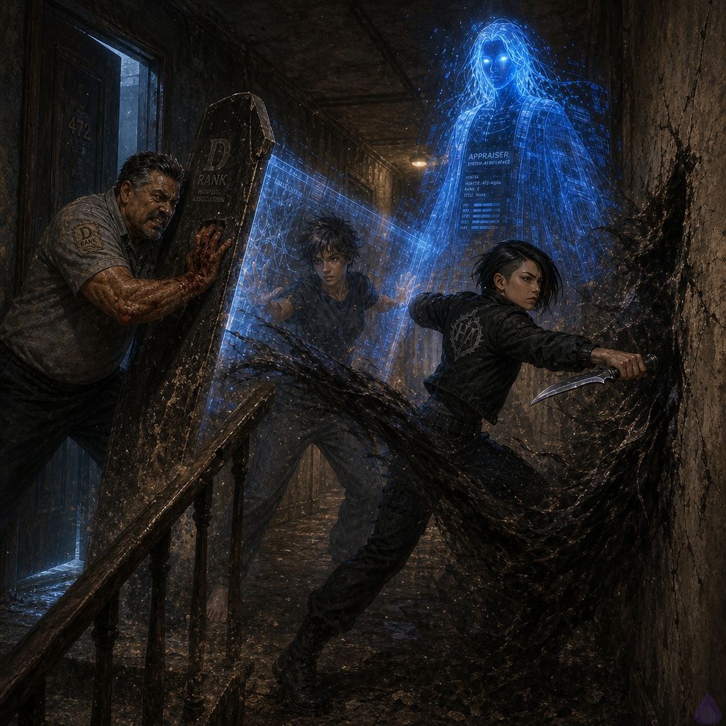 A tense fantasy-lit apartment hallway at night in a modern dungeon-infested city, blue system glow illuminating cracked plaster and scuffed linoleum. The protagonist stands on the landing beside a stocky middle-aged coach in a faded PE polo, both braced in a defensive stance facing a dark stairwell below. A lean Japanese-American woman in a black tactical jacket moves ahead with a dagger, mid-strike, while a translucent cyan holographic AI flickers in a mirror behind them. The atmosphere is charged with magic and danger, dust floating in the air, shadows twisting in the stairwell, expressions focused and strained, cinematic lighting, high detail, dramatic composition, no gore, no nudity.