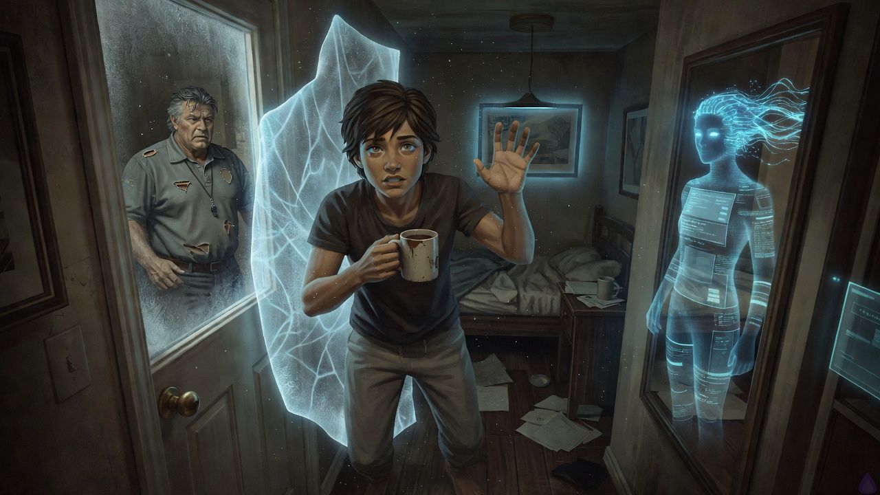 A tense apartment bedroom and hallway scene lit by cold blue system glow. A young adult with tawny skin, sleep-mussed dark chestnut hair, hazel eyes, faded charcoal t-shirt, and gray sweatpants stands near the apartment door with both hands raised, actively sustaining a translucent blue defensive barrier that shimmers like glass. The barrier catches the impact of heavy pounding from the hallway. On the other side of the door, a stocky middle-aged man in a faded high-school PE coach polo with a whistle on a lanyard is visible in tense silhouette, having stepped back from the strike. The room is small and cluttered with a bed, nightstand, cold coffee mug, and a crooked framed print. A translucent cyan holographic Appraiser figure flickers near the mirror with data strands and glowing eyes. Mood is urgent, protective, and magical-techno, with bright blue highlights, strained body language, and a sense of unstable hidden power awakening.