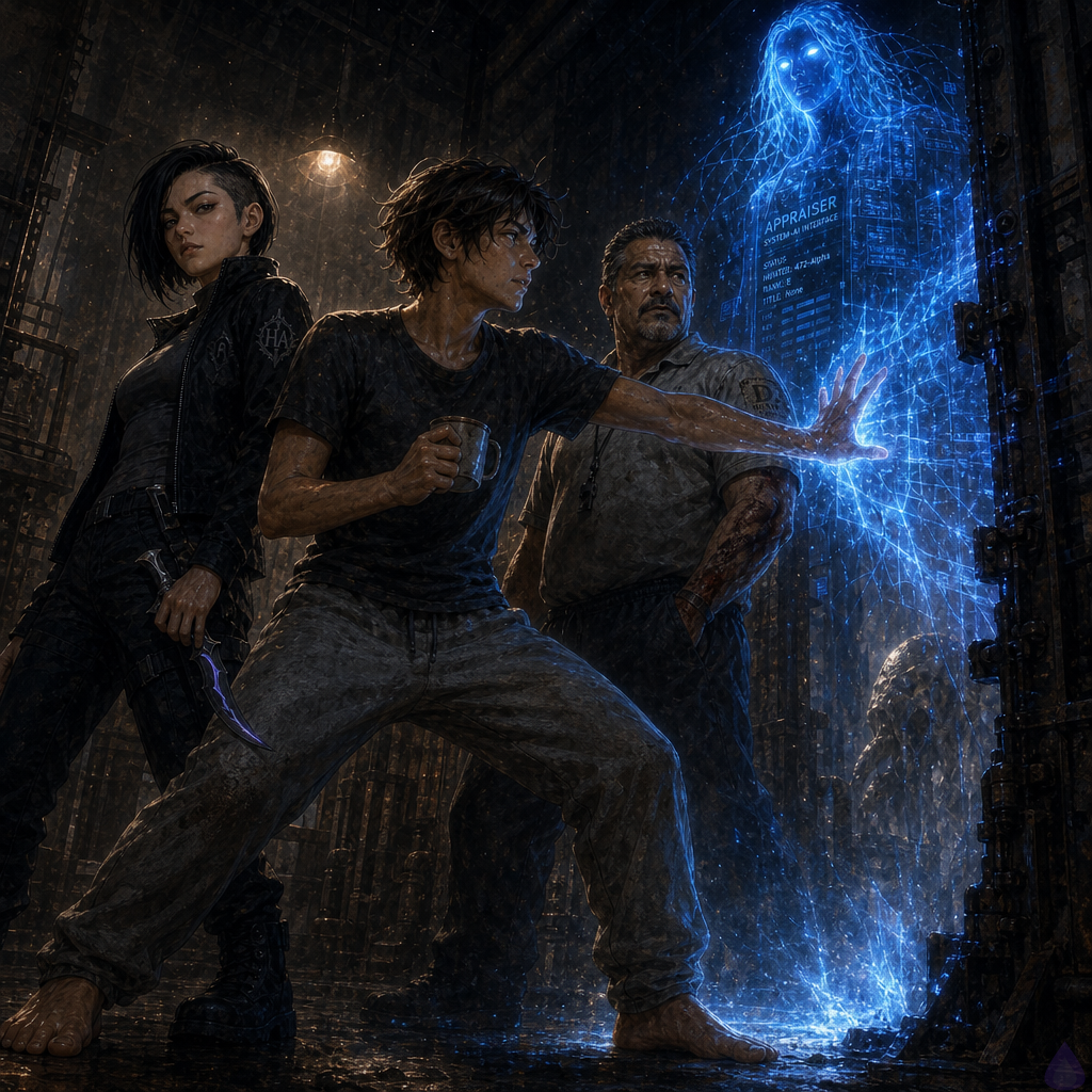 A tense underground maintenance room beneath a modern apartment or office building, lit by a flickering bulb and cold blue magical light. The protagonist stands braced at a blackened metal relay frame, one hand outstretched, surrounded by a glowing translucent blue defensive aura forming a barrier at the threshold. Coach Mendez, a stocky older man in a faded coach polo, braces with a shield to protect the rear, blood on his forearm. Sera Ito, a lean athletic woman with a black asymmetric undercut bob and tactical black jacket, stands ready with a dagger, eyes sharp and focused on the seam in the frame. The seam itself is a vertical tear of darkness with a faint pale shape barely visible beyond it. Dust hangs in the air, pipes and rusted conduit line the ceiling, and the mood is eerie, urgent, and suspenseful.