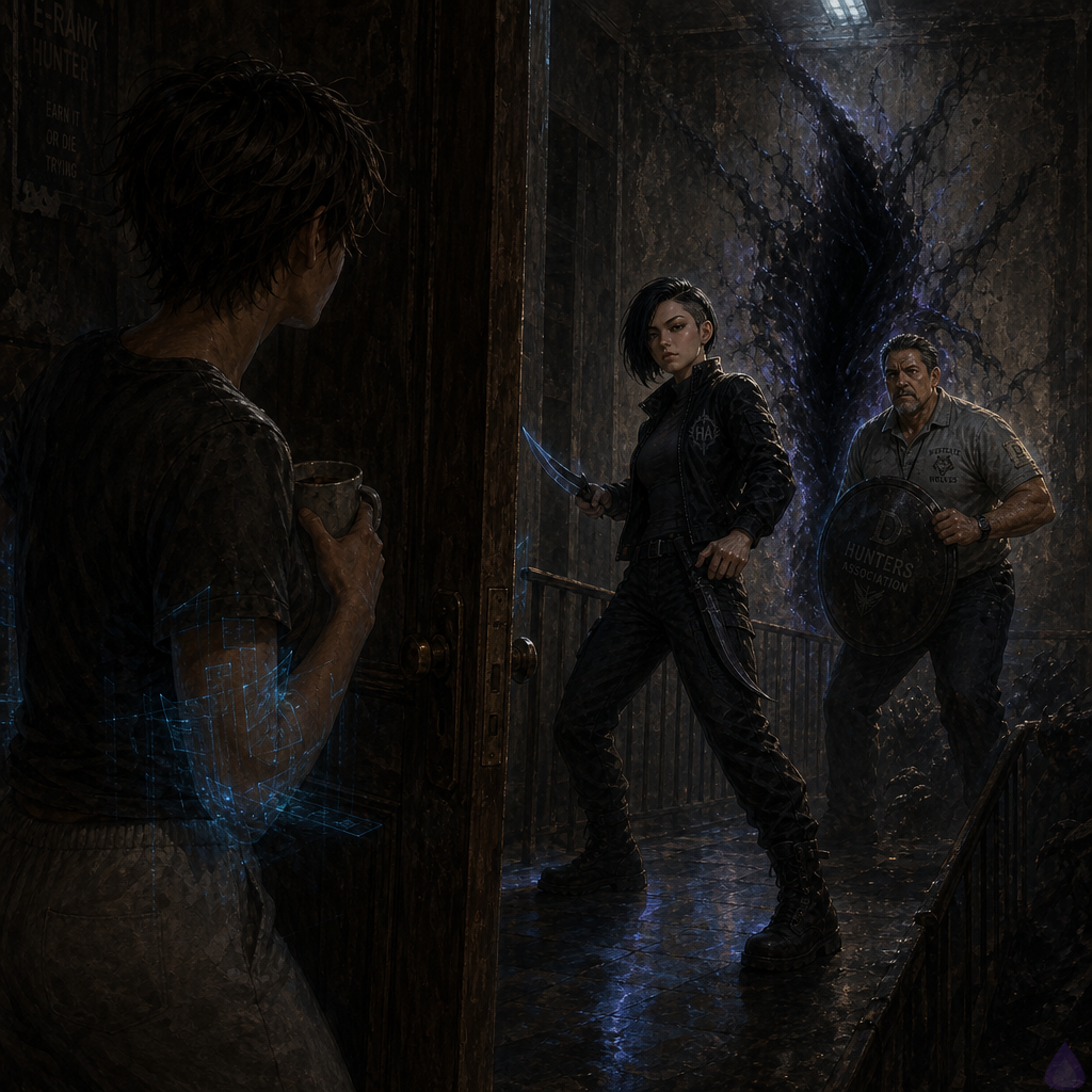 A tense apartment hallway outside a city bedroom door at night, blue magical barrier light spilling from the doorway, protagonist standing in the threshold with a faint cyan glow across their body and braced posture, Coach Mendez on the landing with a practice shield and a cut forearm, Sera Ito in a black tactical jacket with undercut bob and dagger drawn, all three facing a writhing dark anomaly seam in the corridor wall and a staircase descending into shadow, cinematic lighting, high contrast, anxious expressions, urban fantasy atmosphere, detailed character body language, no gore, no nudity