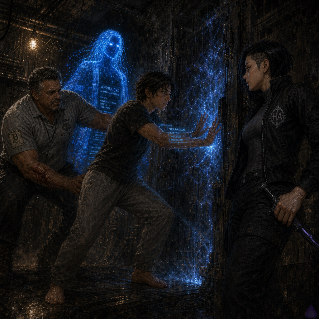 A tense underground maintenance room beneath a city building, lit by sickly blue shield light and a failing yellow bulb. The protagonist, a recently awakened adult hunter in casual clothes, stands braced in the doorway with hands raised, projecting a glowing blue Veil Bastion barrier across a blackened metal seam in a relay frame. Coach Mendez, a stocky middle-aged man in a faded coach polo, braces beside the threshold with a battered shield and a bleeding forearm, determined and protective. Sera Ito, a lean athletic young woman with a black asymmetric undercut bob, tactical jacket, and dagger, stands alert at the relay frame, eyes narrowed at the seam. Dust hangs in the air, pipes and rusted conduit line the walls, and the black seam in the frame ripples ominously like a living doorway. Mood is suspenseful, magical, and claustrophobic, with bright blue mana glow against dark concrete and metal.