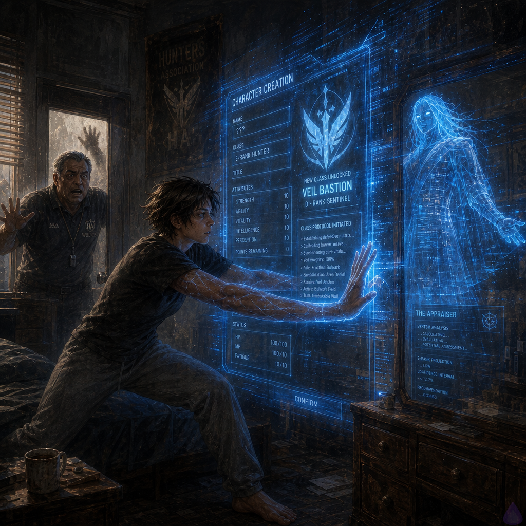 A tense apartment bedroom bathed in intense blue system light, a recently awakened hunter sitting on the edge of the bed with both hands pressed against a translucent holographic class screen. The room is small and lived-in, with a bedside table, cold coffee mug, rumpled bed, and city-night shadows. Blue code and geometric sigils spill outward from the screen as the hidden class branch opens, creating a dramatic magical-tech glow across the character’s face and arms. The character looks strained and determined, eyes wide with shock. In the doorway, a shadow is visible behind frosted glass, hinting at urgent danger outside. A translucent cyan Appraiser figure flickers near a mirror like a ghostly hologram. Mood is suspenseful, eerie, and transformative, with high contrast lighting, cinematic framing, and visible tension in body language.