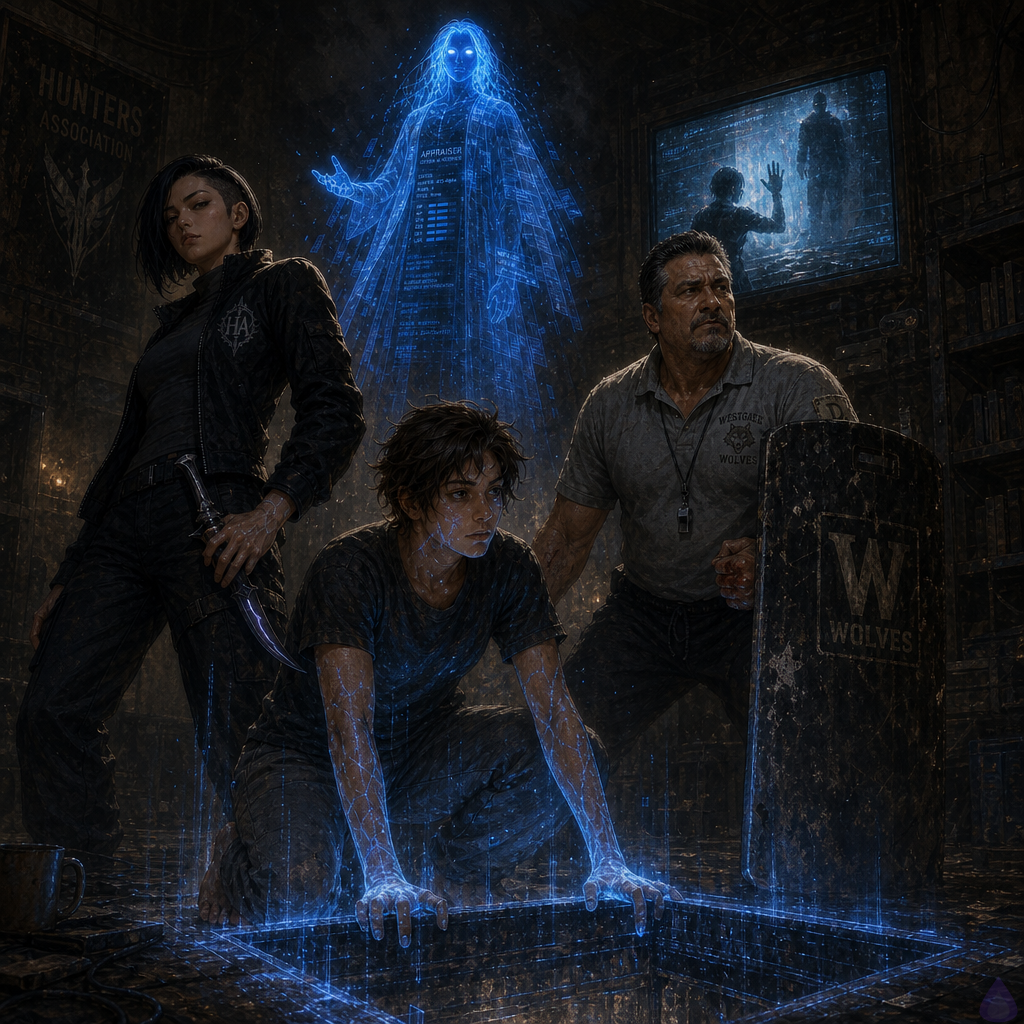 A tense underground maintenance chamber beneath a modern building, lit by harsh flickering strip-lights and a cold cyan magical glow. The protagonist stands at a rusted hatch in the floor with a bright blue defensive aura bracing the opening like a lattice shield. Beside them, a stocky middle-aged coach in a bloodstained polo braces a battered shield, while a lean young woman with a black tactical jacket and dagger stands alert near a corridor of pipes and storage racks. A wall monitor shows a blurred shadowy figure in a distant maintenance hall. The mood is suspenseful and claustrophobic, with wet concrete, rust, cables, and swirling dust, all rendered in cinematic fantasy-lit realism, high detail, dramatic shadows, and expressions of resolve and wary trust.