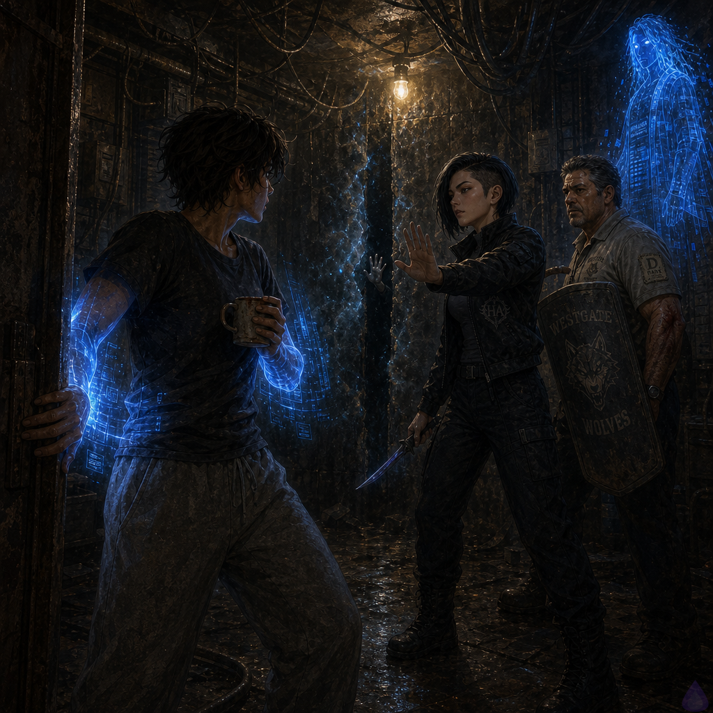 A tense underground maintenance sublevel beneath a city dungeon, dimly lit by a flickering yellow bulb and cold blue magical shield light. The protagonist, a hazel-eyed recently awakened hunter in casual dark clothes, stands in the doorway with one hand on a rusted metal door, blue Veil Bastion energy wrapping their forearms and chest like a translucent barrier. Beside them stands Sera Ito, a lean Japanese-American woman with a jet-black asymmetric undercut bob, dark tactical jacket, dagger ready, calm and sharp-eyed. Behind them, Coach Mendez, a stocky older man in a faded coach polo with a shield and a bleeding forearm, braces protectively. In the back of the room is a blackened transit frame with a vertical seam of unnatural darkness and subtle eerie motion inside it. The mood is suspenseful, claustrophobic, magical, and dangerous, with high contrast between cyan shield glow, warm failing bulb light, rusted metal, wet concrete, and a sense of forbidden discovery.